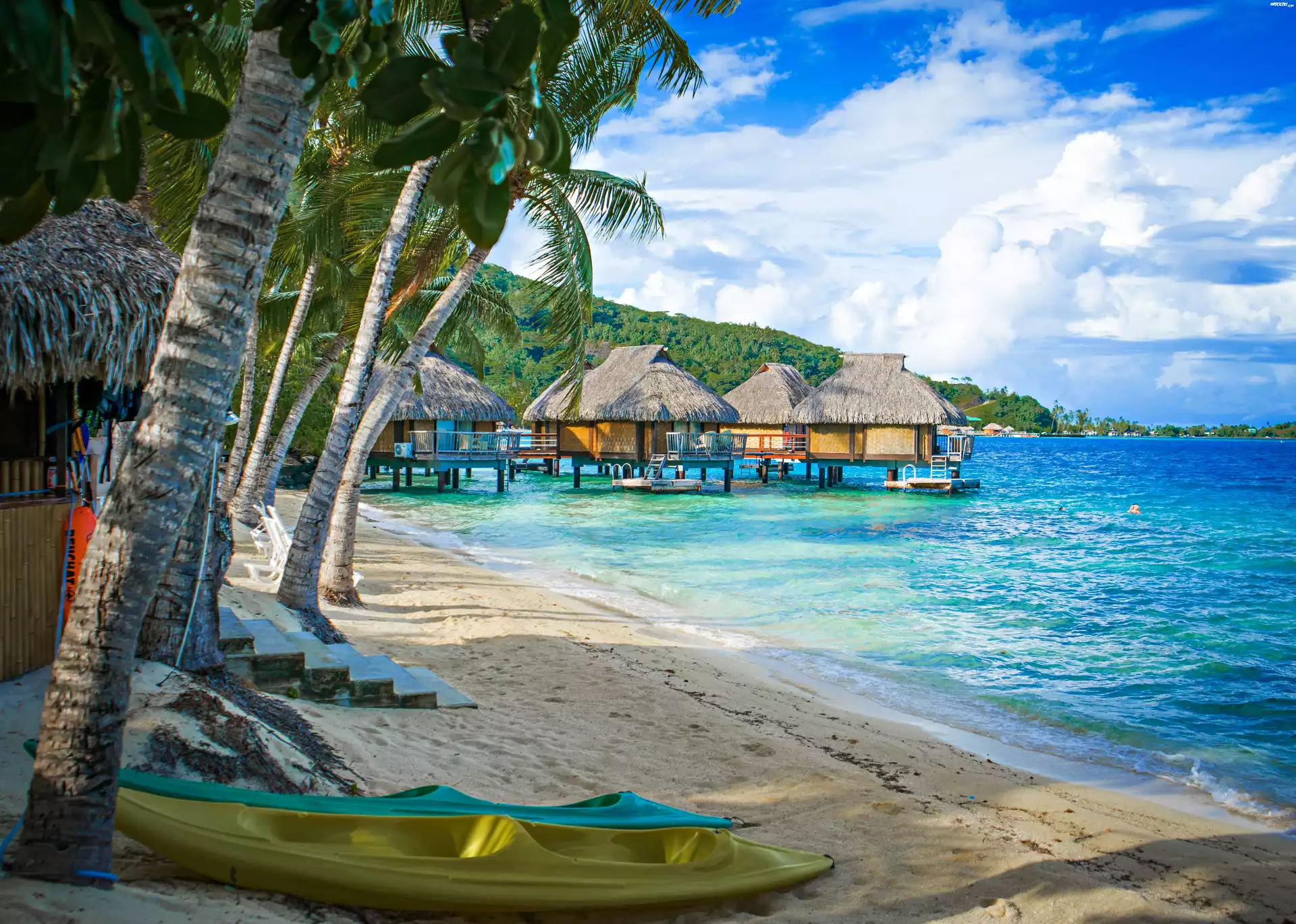 Bora Bora, Plaża, Ocean, Domki
