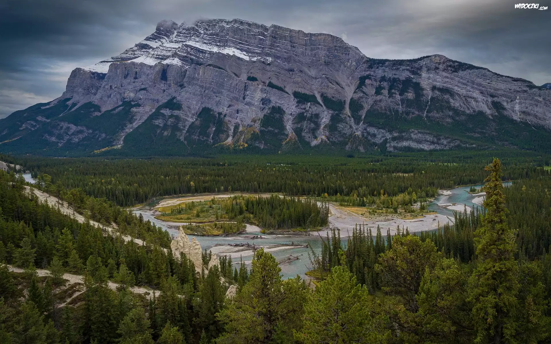 Góry, Rzeka, Bow River, Drzewa, Świerki, Park Narodowy Banff, Alberta, Kanada
