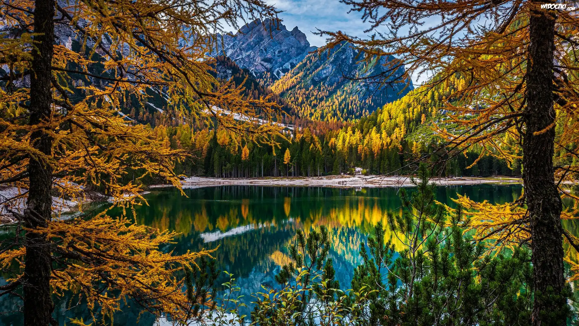 Jezioro, Pragser Wildsee, Lago di Braies, Góry, Dolomity, Tyrol, Włochy, Jesień, Drzewa