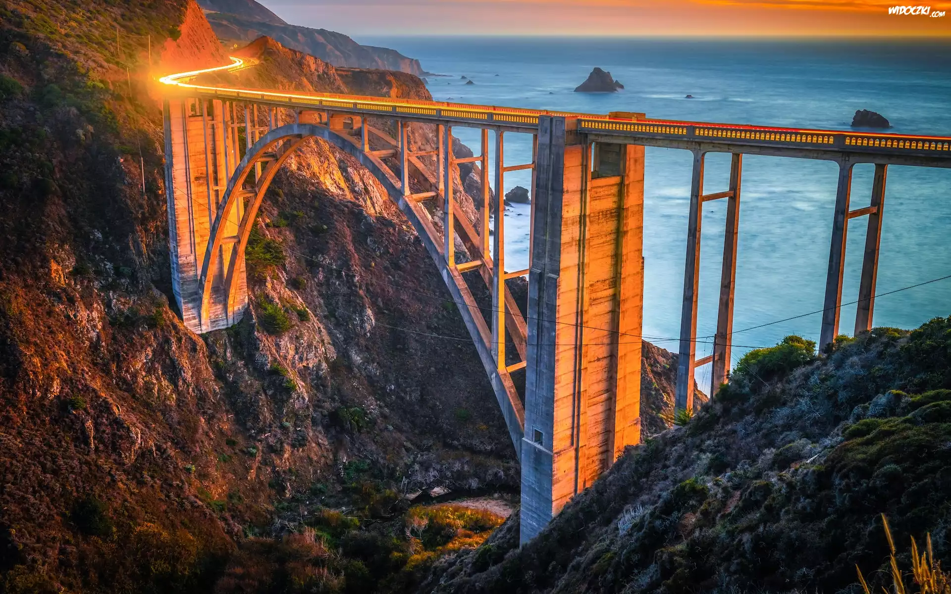Morze, Most, Bixby Creek Bridge, Wybrzeże, Region Big Sur, Skały, Światła, Kalifornia, Stany Zjednoczone