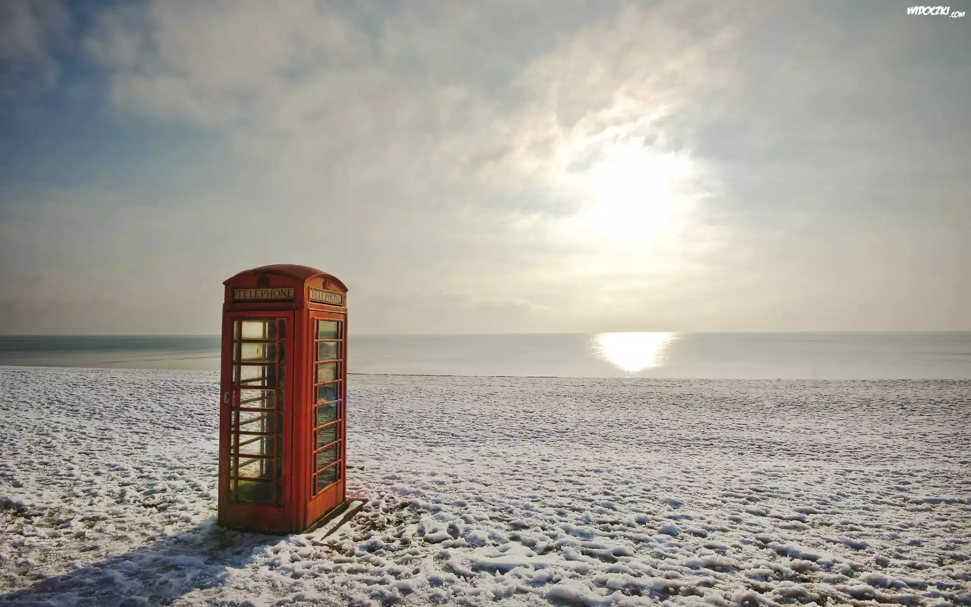 Budka, Telefoniczna, Na, Plaży, Morze, Śnieg