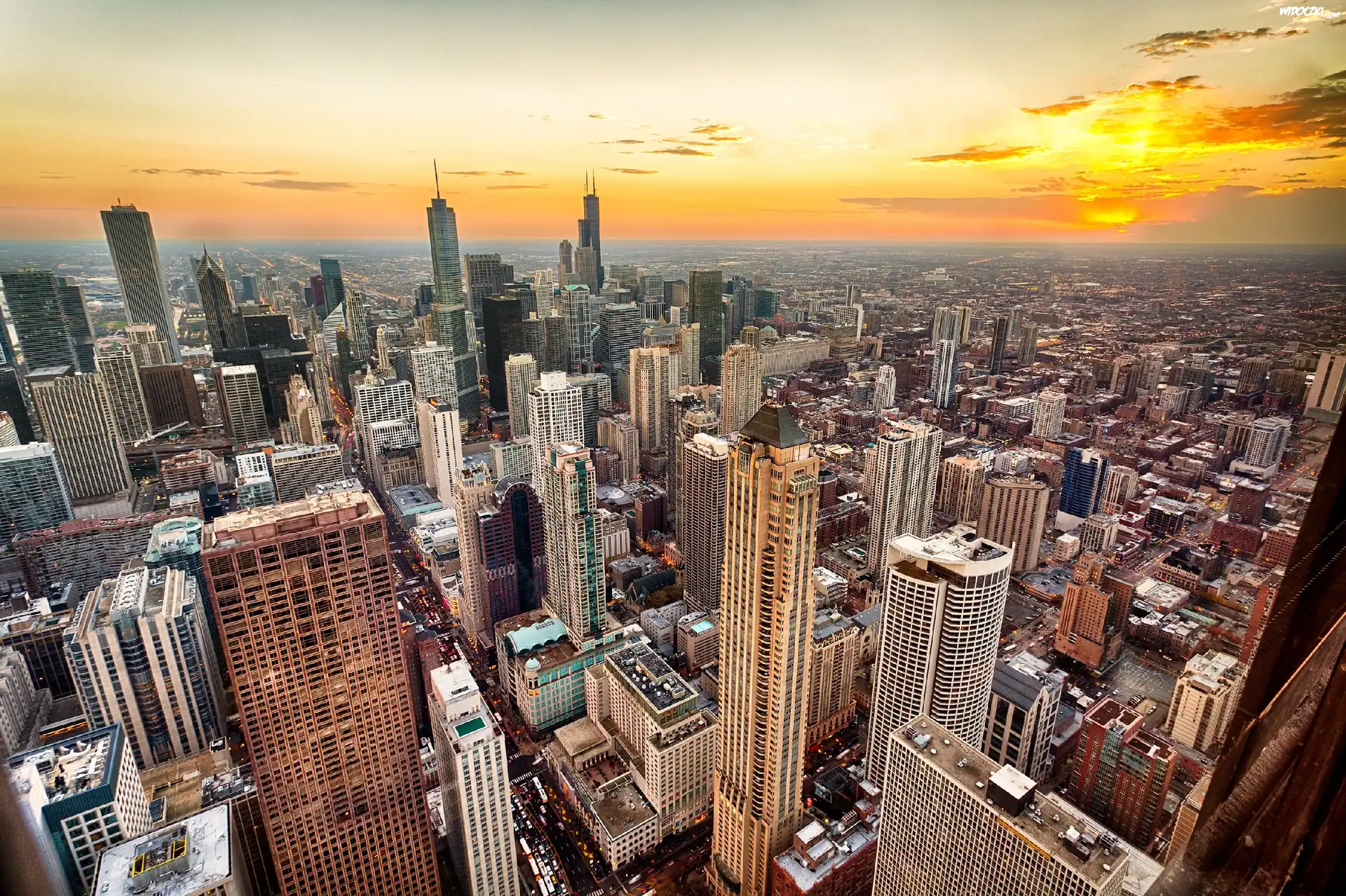 Chicago, Panorama, Miasta, Zachód, Słońca