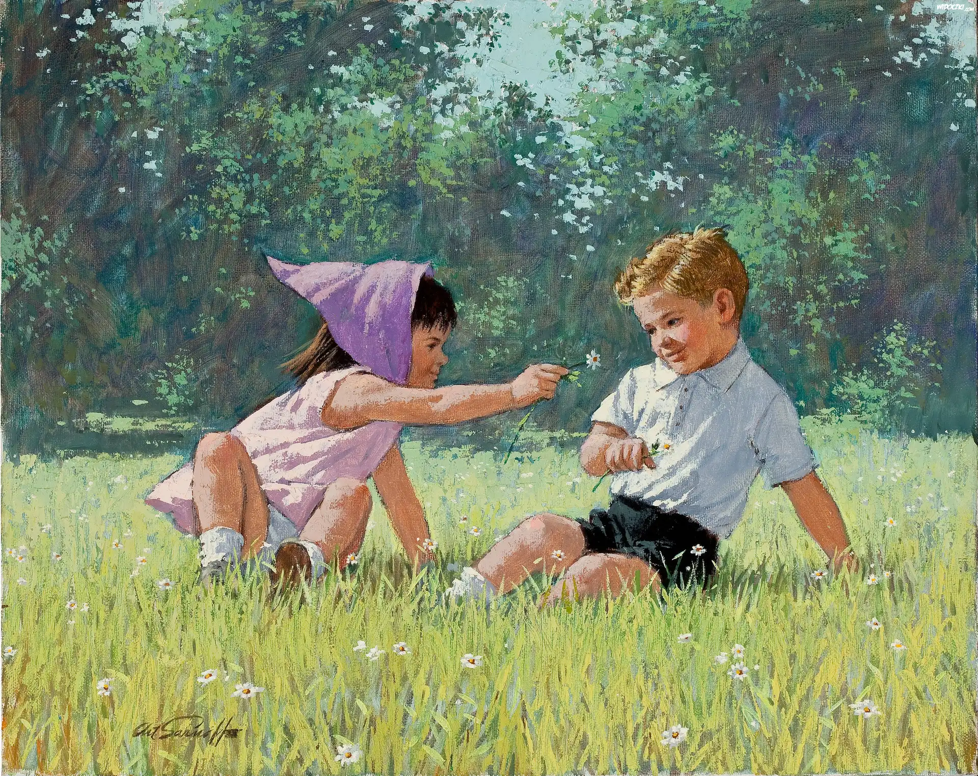 Łąka, Dzieci, Chłopiec, Dziewczynka