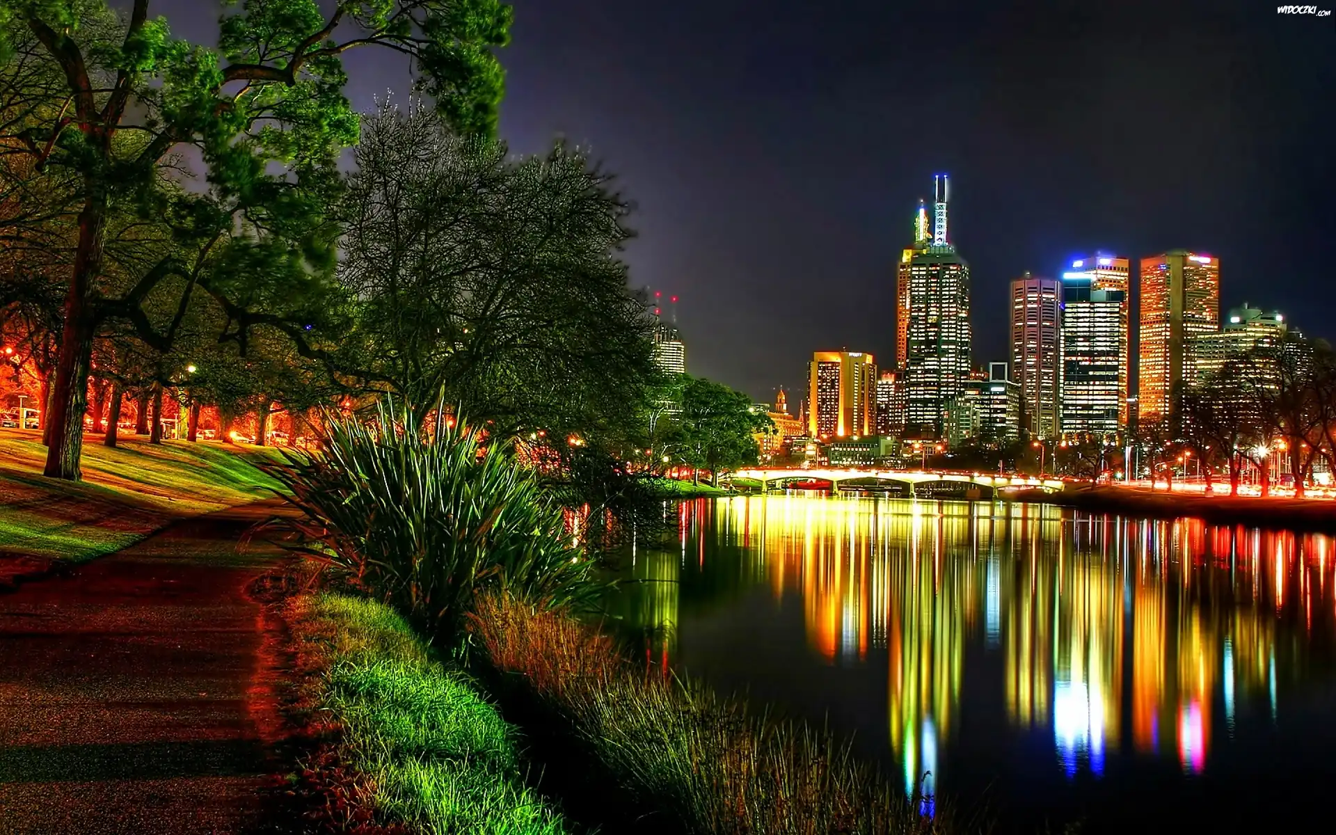 Drapacze Chmur, Rzeka, Yarra, Melbourne, Fragment, Miasta, NocÄ…