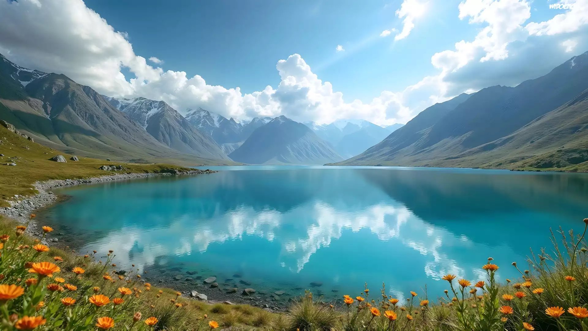 Góry, Jezioro, Kwiaty, Chmury, Odbicie, AI