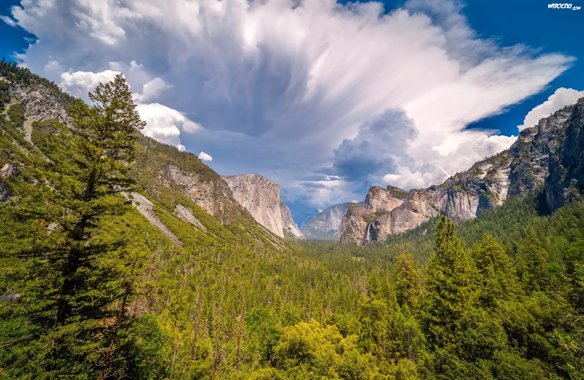 Góry, Drzewa, Las, Niebo, Chmury, Dolina, Yosemite Valley, Park Narodowy Yosemite, Kalifornia, Stany Zjednoczone