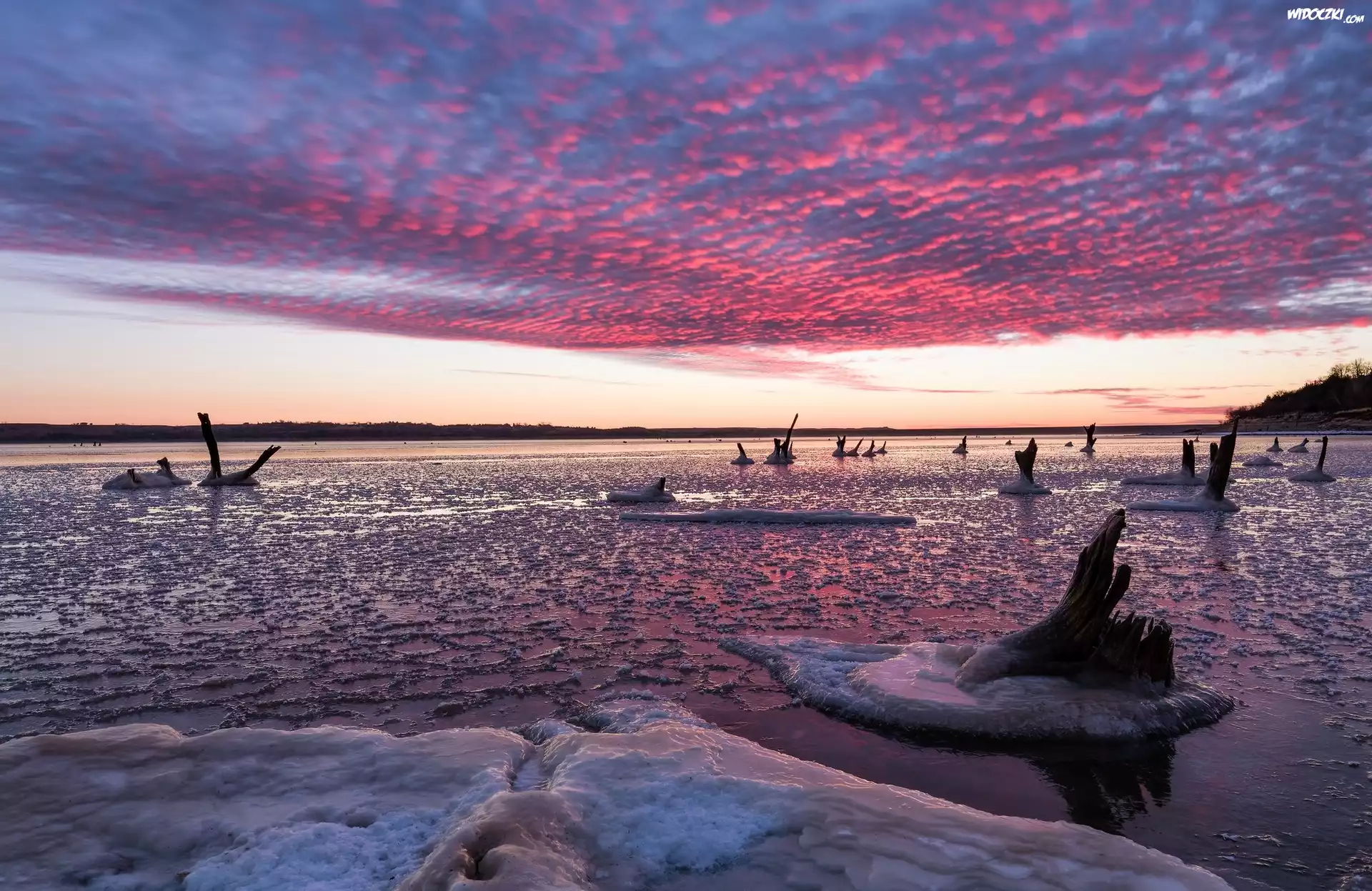 Stany Zjednoczone, Stan Kansas, Tuttle Creek Lake, Jezioro, Lód, Chmury