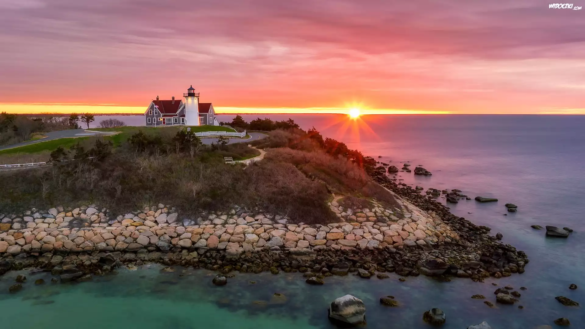 Stany Zjednoczone, Stan Massachusetts, Zatoka, Cape Cod Bay, Morze, Latarnia morska, Nobska Point Light, Promienie słońca