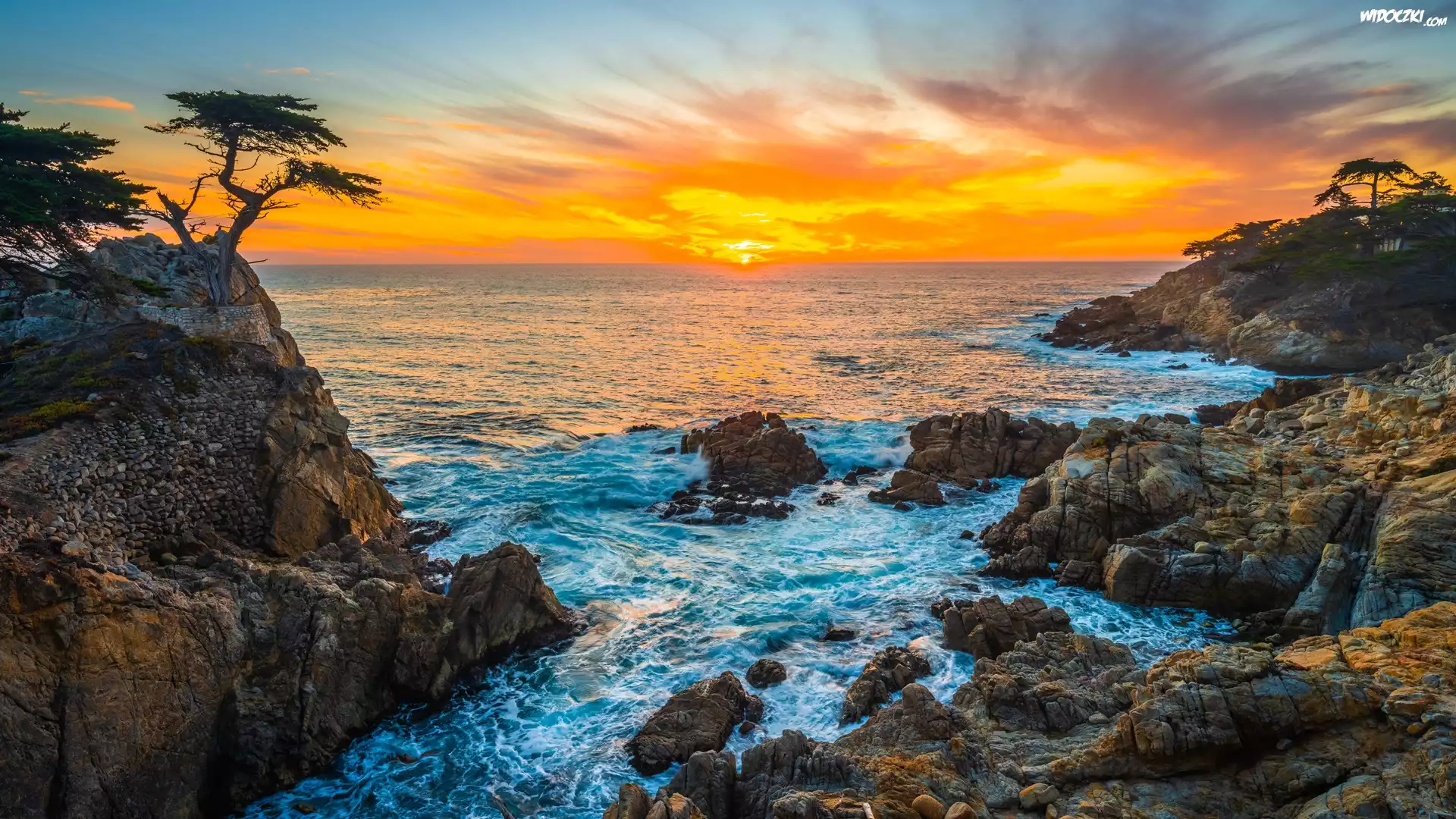 Cyprys wielkoszyszkowy, Atrakcja Lone Cypress, Skała, Morze, Zachód słońca, Pebble Beach, Zatoka Monterey, Kalifornia, Stany Zjednoczone