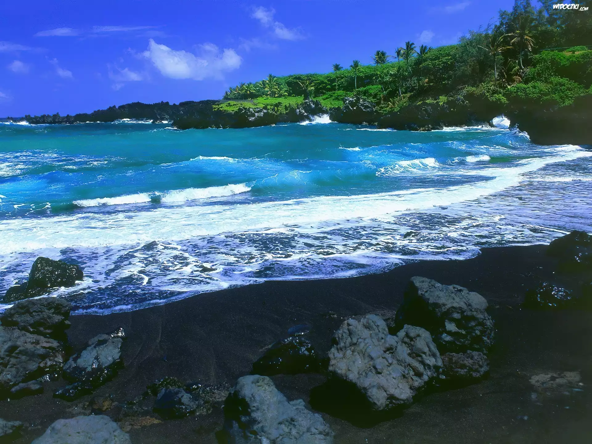 Czarna, Plaża, Kamienie, Morze, Maui, Hawaje
