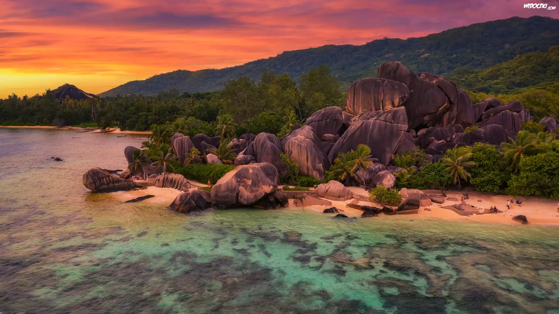 Seszele, Wyspa, La Digue, Morze, Plaża, Anse Source dArgent, Skały, Palmy, Zachód słońca