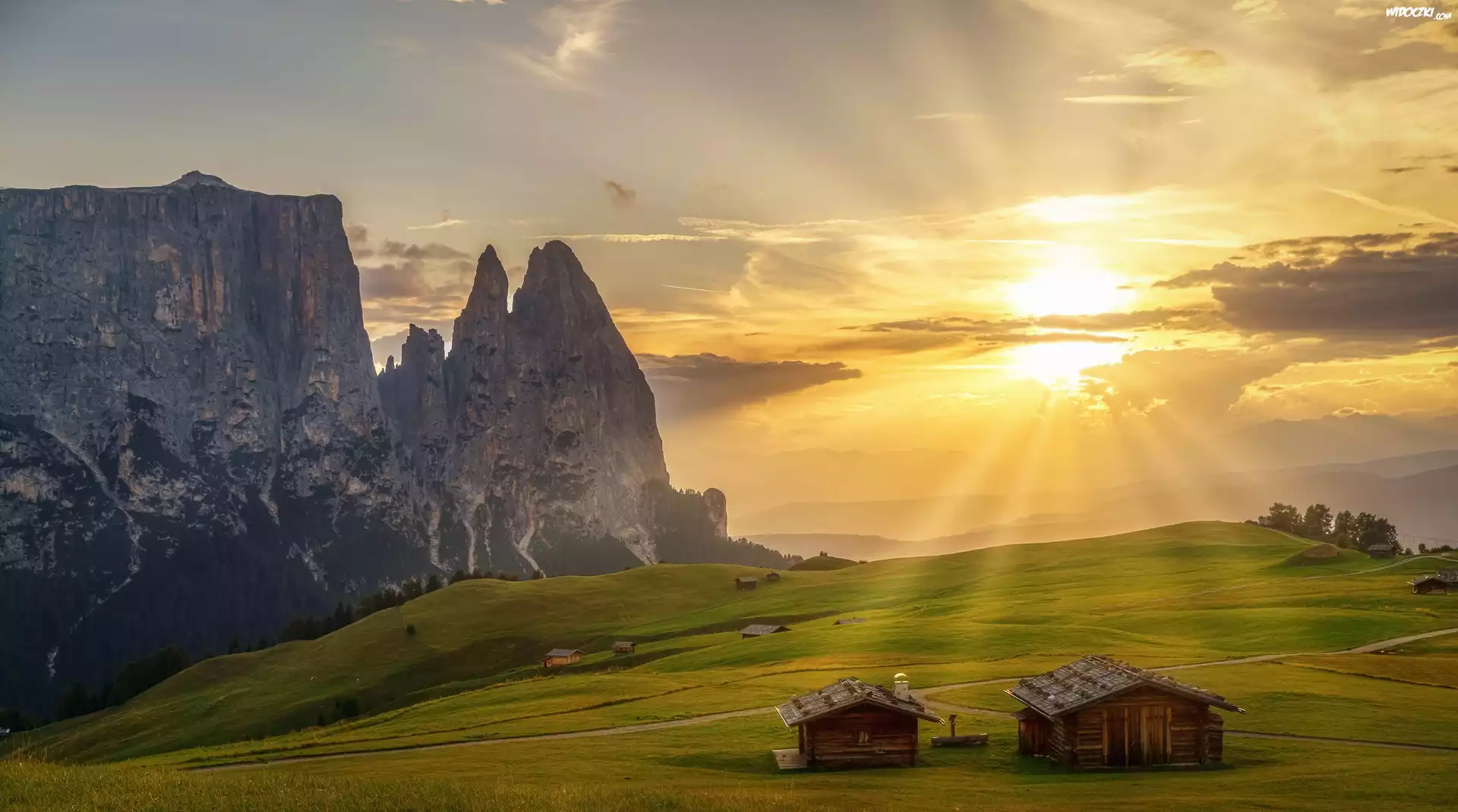 Włochy, Dolomity, Góra Schlern, Góry, Domy, Wschód słońca