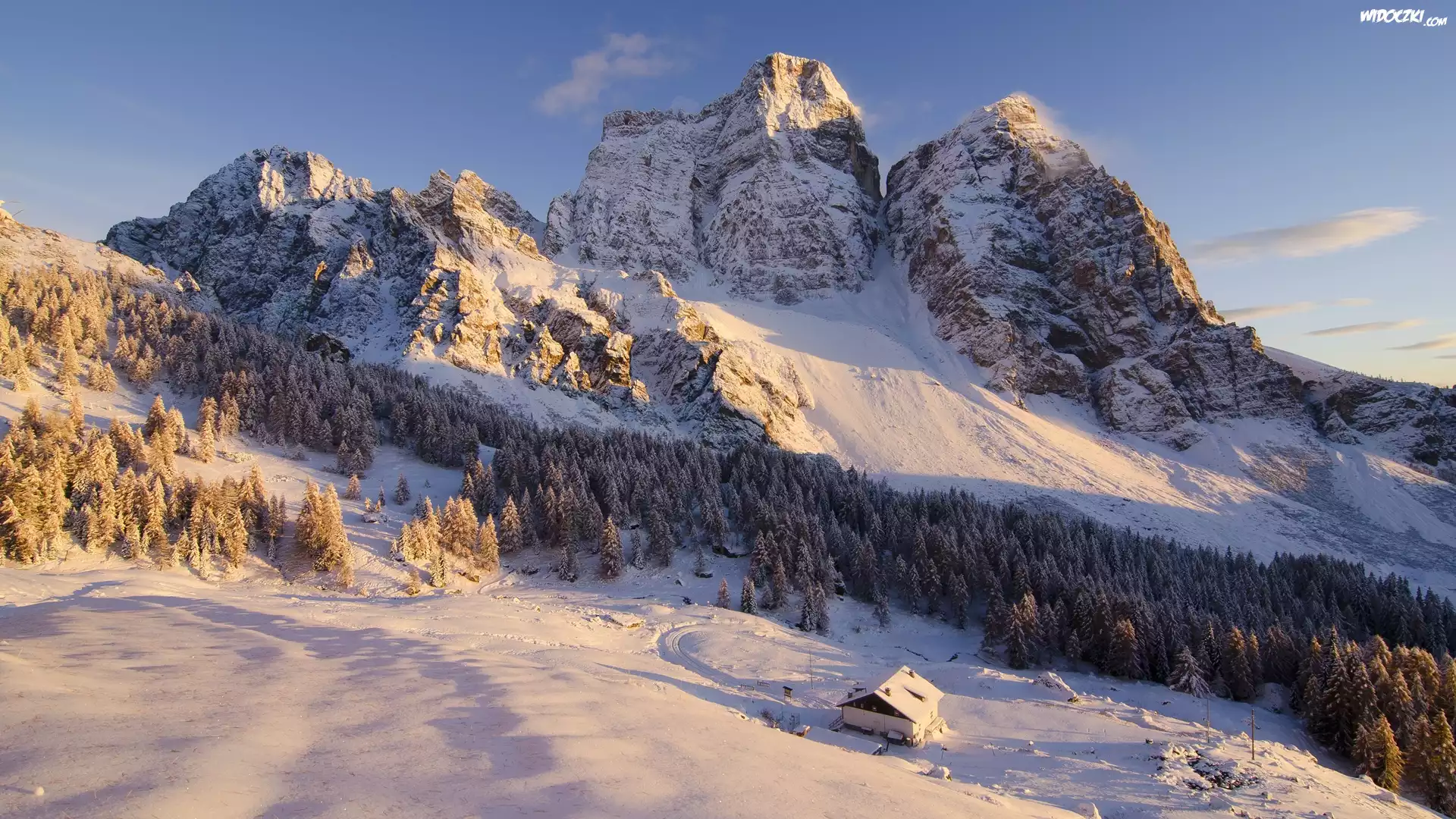 Włochy, Góry Dolomity, Szczyt Monte Pelmo, Zima, Las, Dom