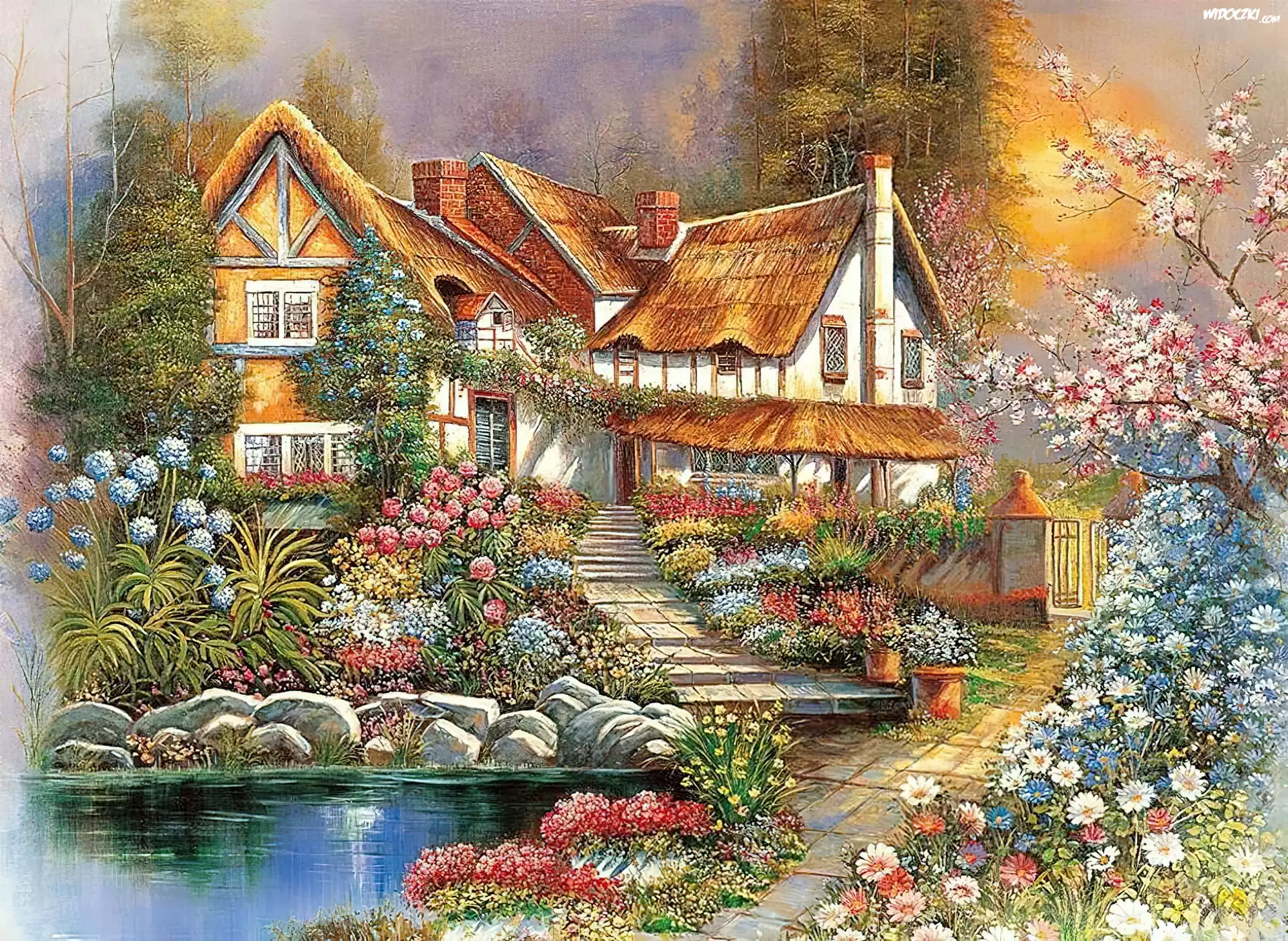 Dom, Schody, Ogród, Jezioro, Staw