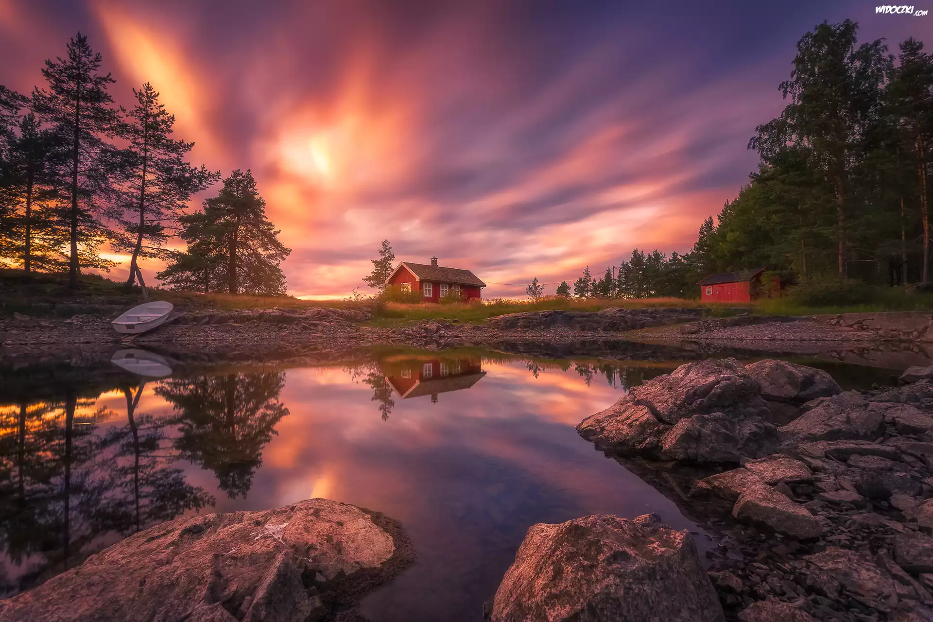 Norwegia, Ringerike, Jezioro Vaeleren, Zachód słońca, Drzewa, Łódka, Dom