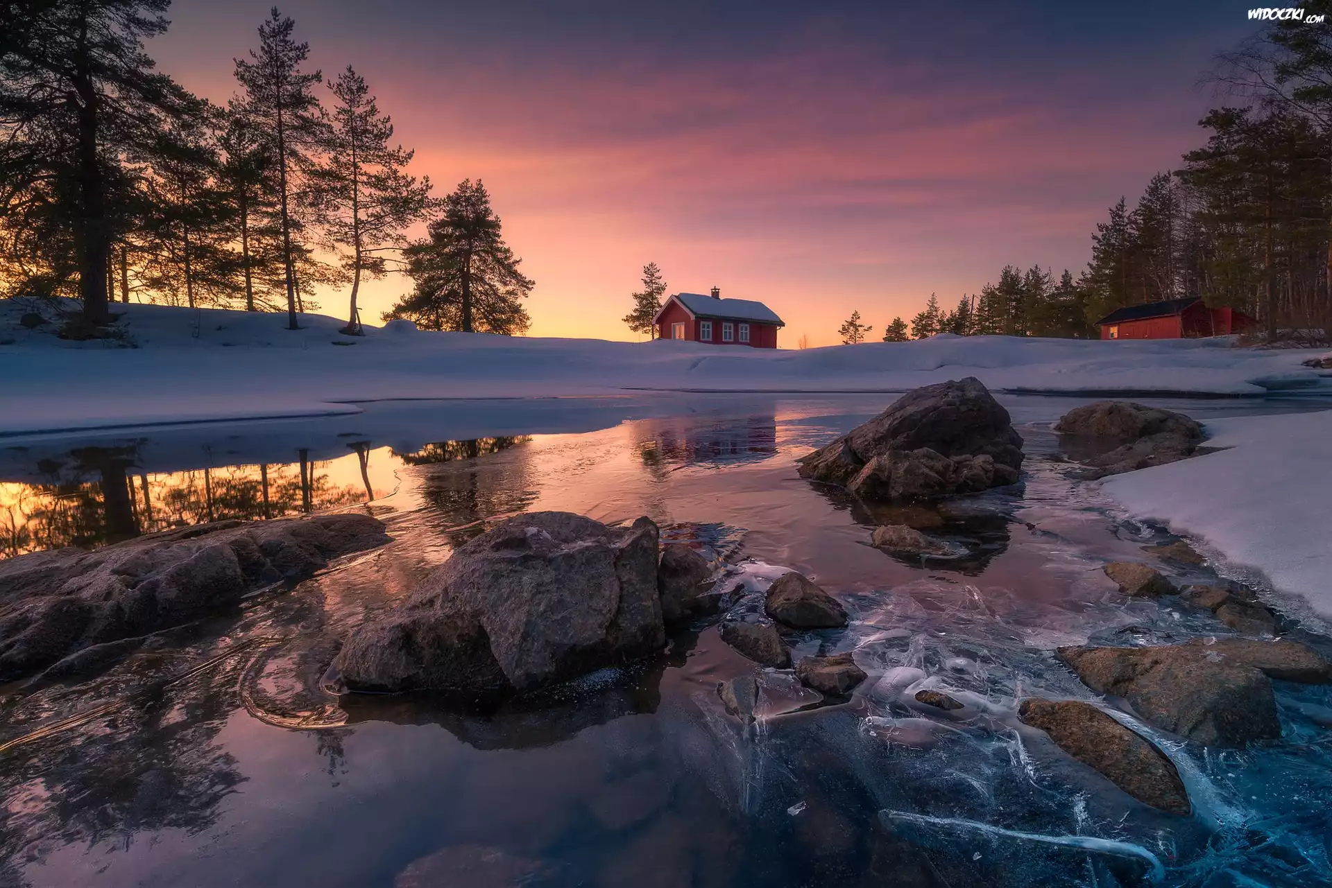 Norwegia, Ringerike, Zima, Jezioro Vaeleren, Kamienie, Zachód słońca, Drzewa, Dom