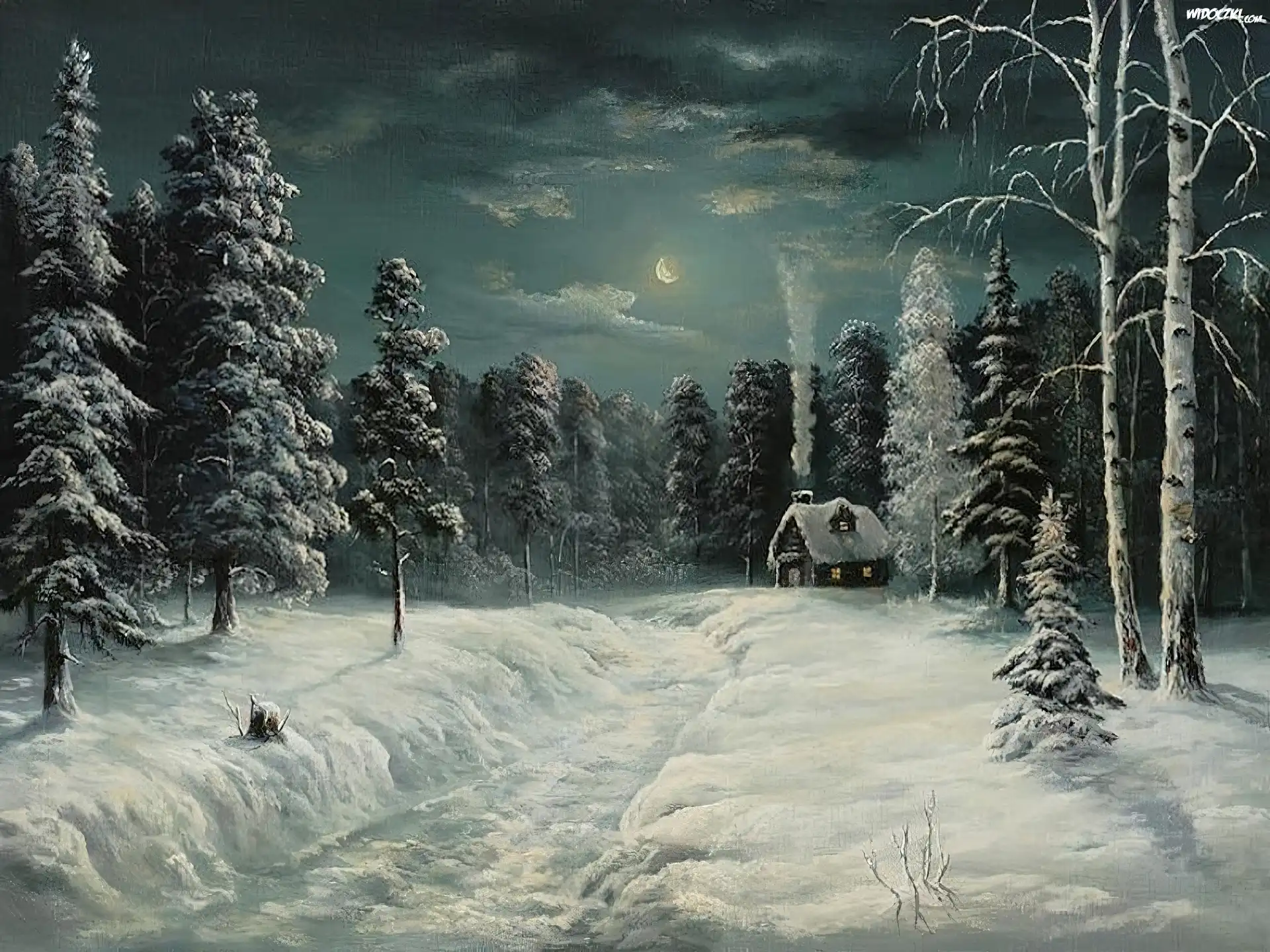 Domek, W, Lesie, Zimowa, Noc