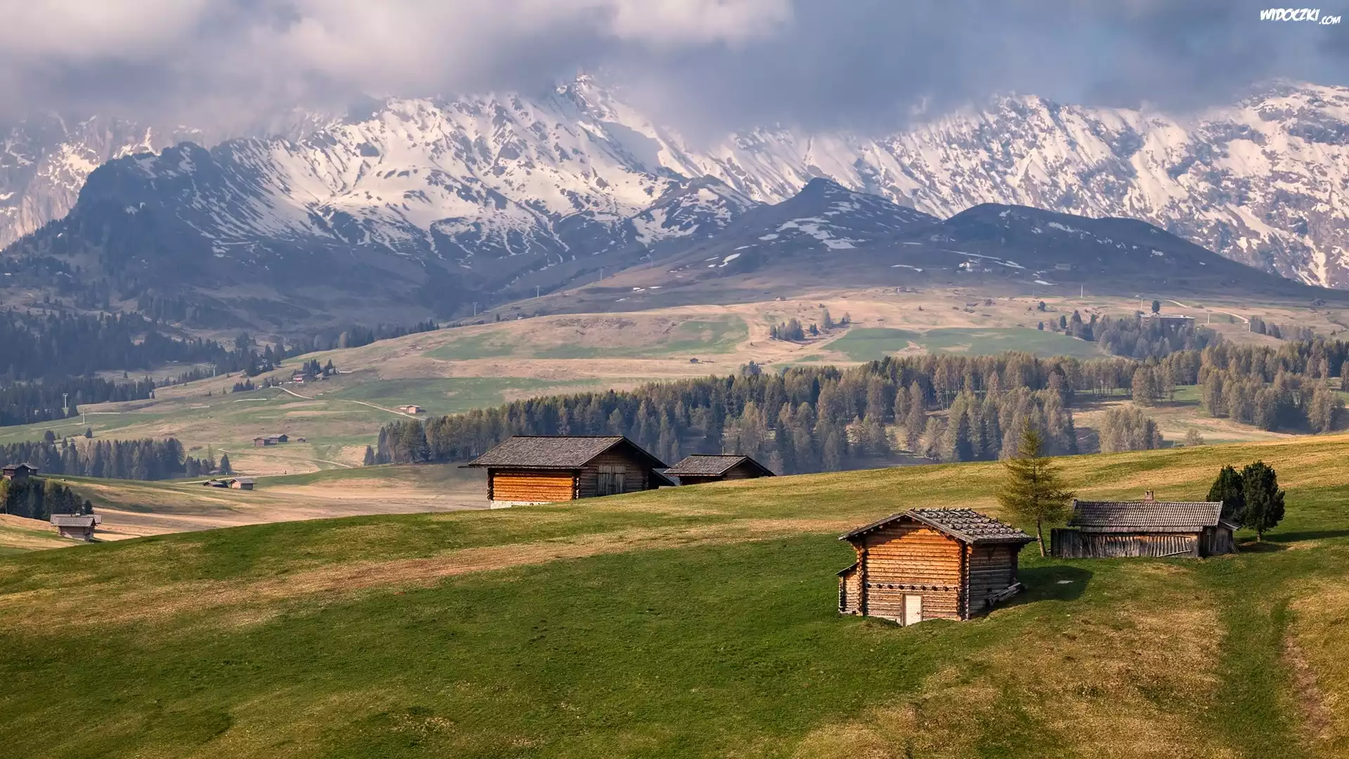 Dolomity, Góry Sassolungo, Drewniane, Domki, Płaskowyż Seiser Alm, Dolina Val Gardena, Drzewa, Chmury, Włochy