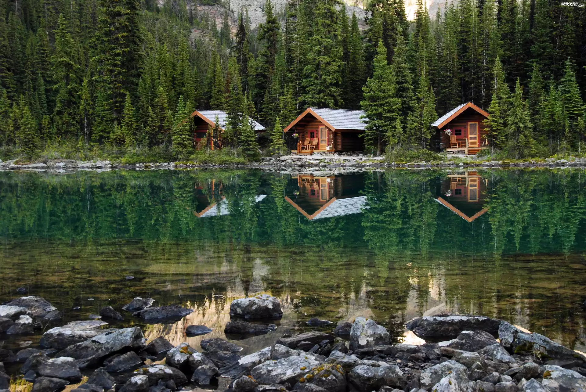 Kanada, Park Narodowy Yoho, Jezioro OHara, Kamienie, Las, Domki