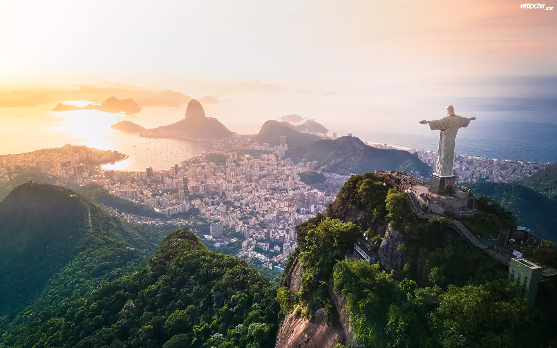 Brazylia, Rio de Janeiro, Ocean, Mgła, Domy, Góry, Statua Chrystusa Zbawiciela