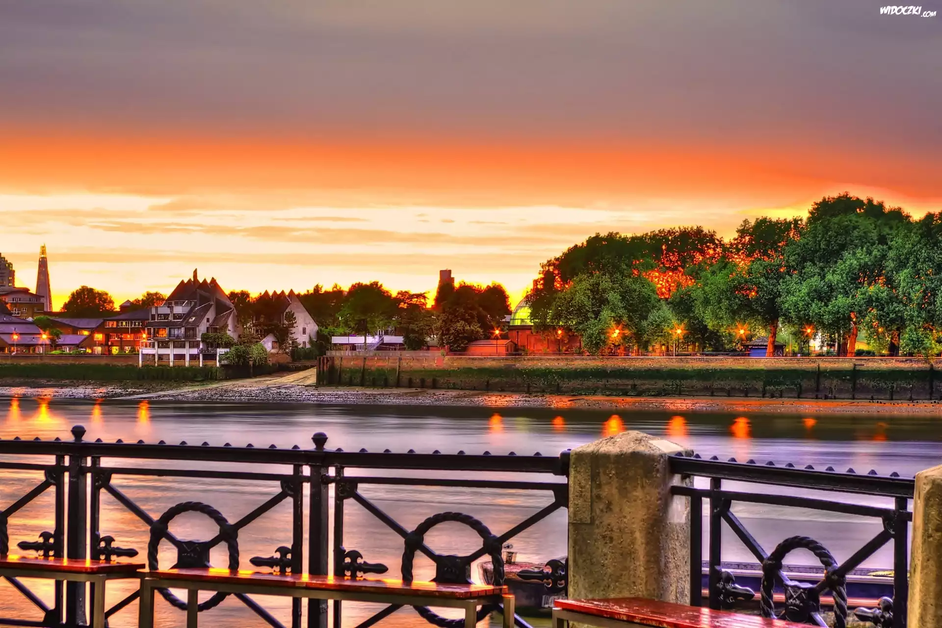 Rzeka, Domy, Zachód słońca, Balustrada Anglia, HDR