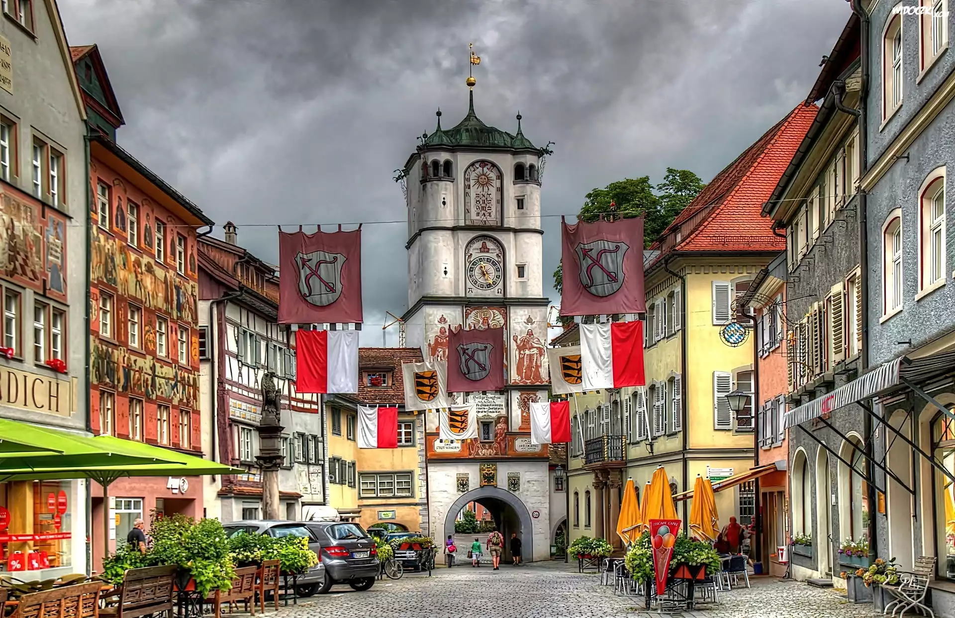 Chmury, Domy, Uliczka, Wangen, Im Allgau, Badenia, Wirtembergia