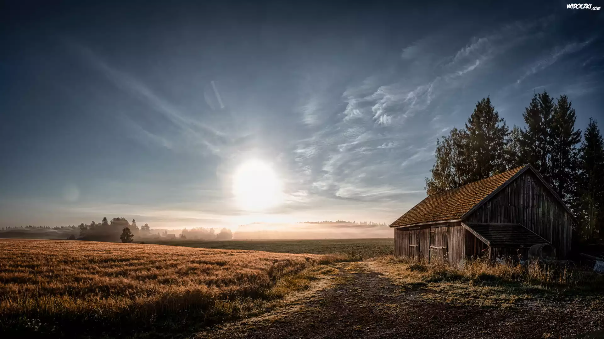 Drewniana, Szopa, Wschód słońca, Pola