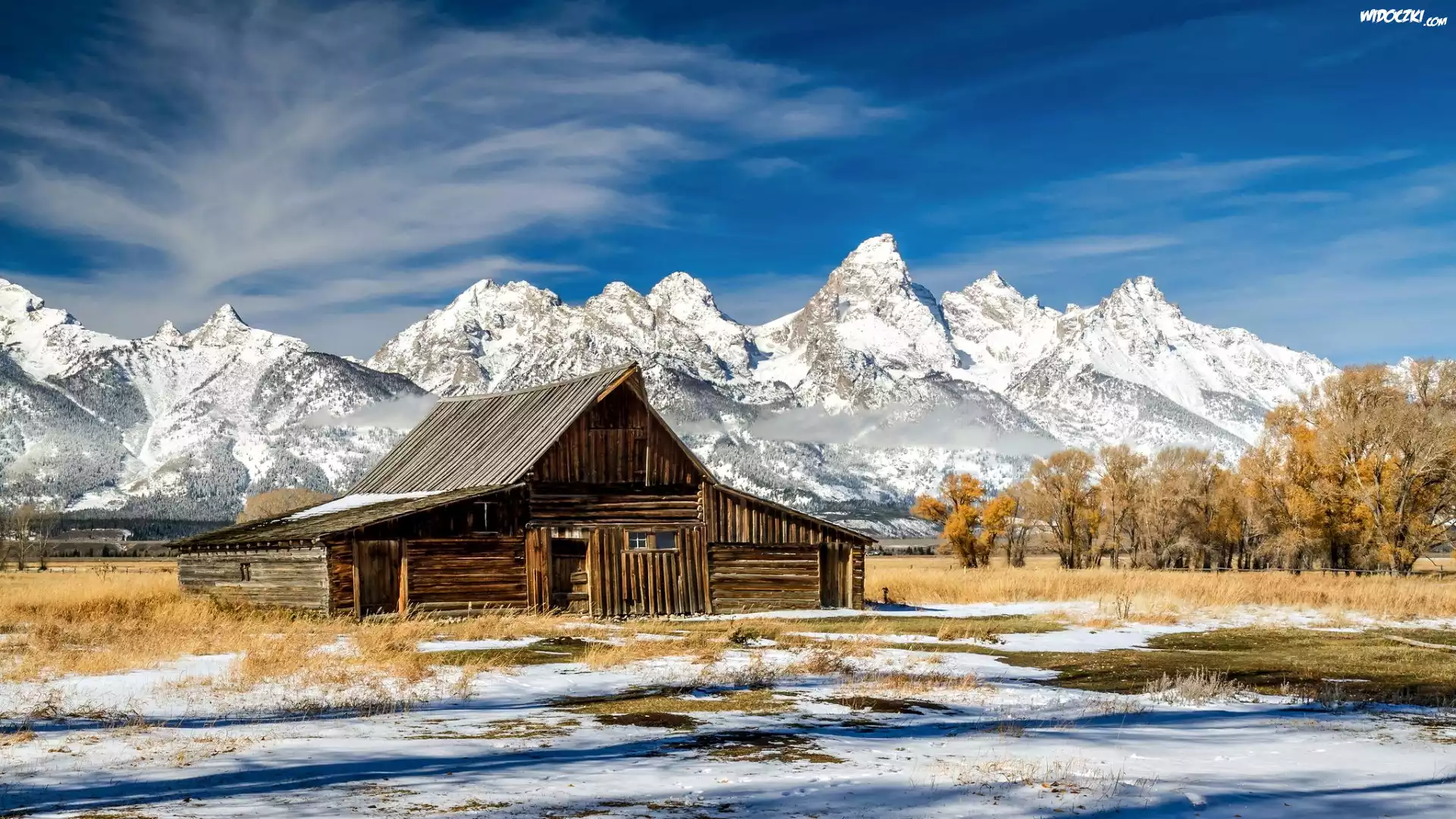 Drewniana, Chata, Góry Teton Range, Śnieg, Drzewa, Park Narodowy Grand Teton, Stan Wyoming, Stany Zjednoczone