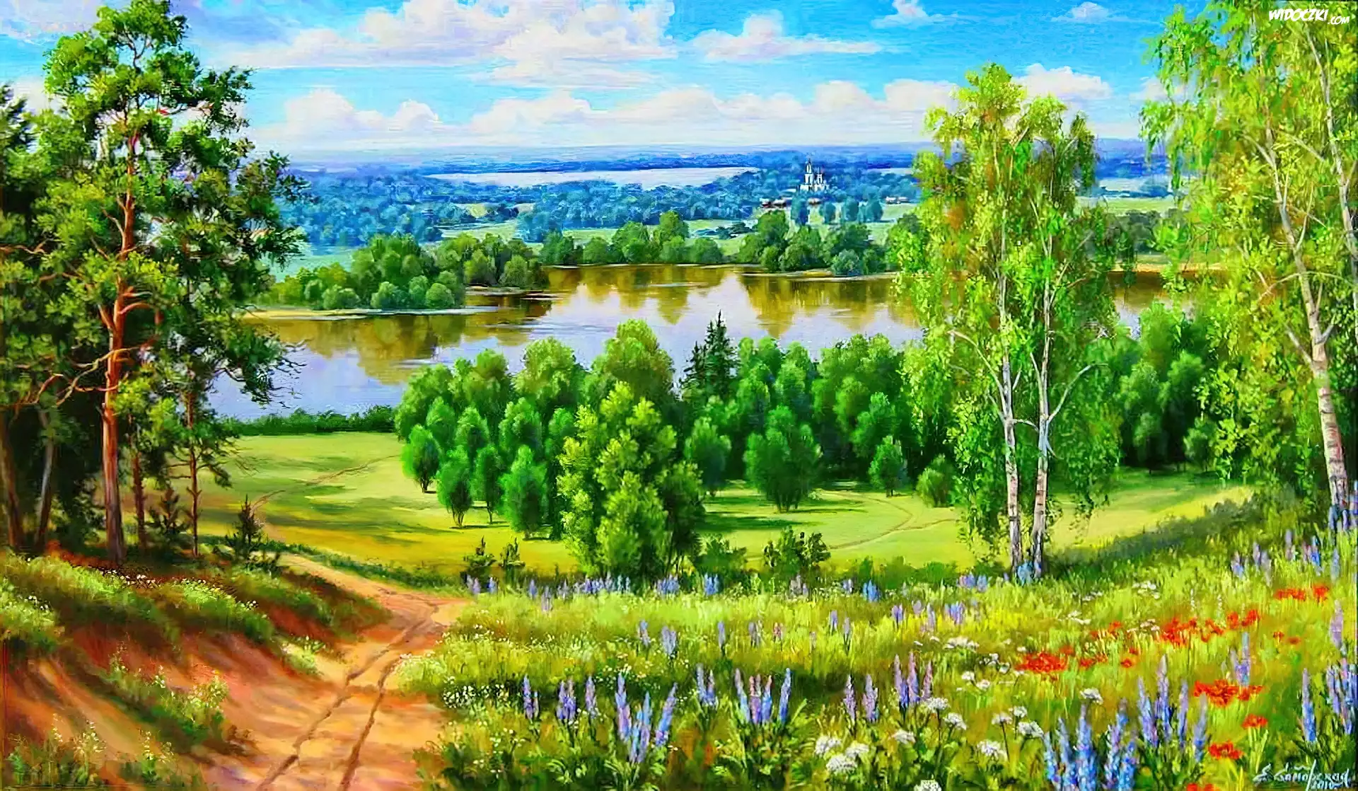 Łąka, Drzewa, Jezioro