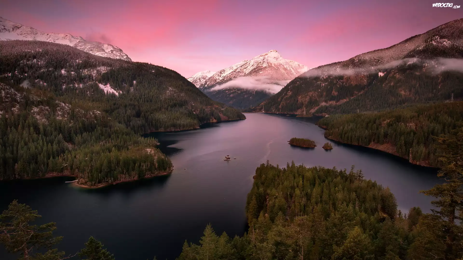 Góry, Jezioro, Diablo Lake, Drzewa, Park Narodowy Północnych Gór Kaskadowych, Stan Waszyngton, Stany Zjednoczone