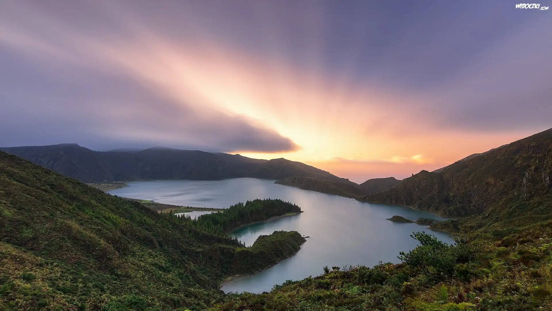 Jezioro, Lagoa do Fogo, Drzewa, Lasy, Góry, Ponta Delgada, Wyspa Sao Miguel, Azory, Portugalia