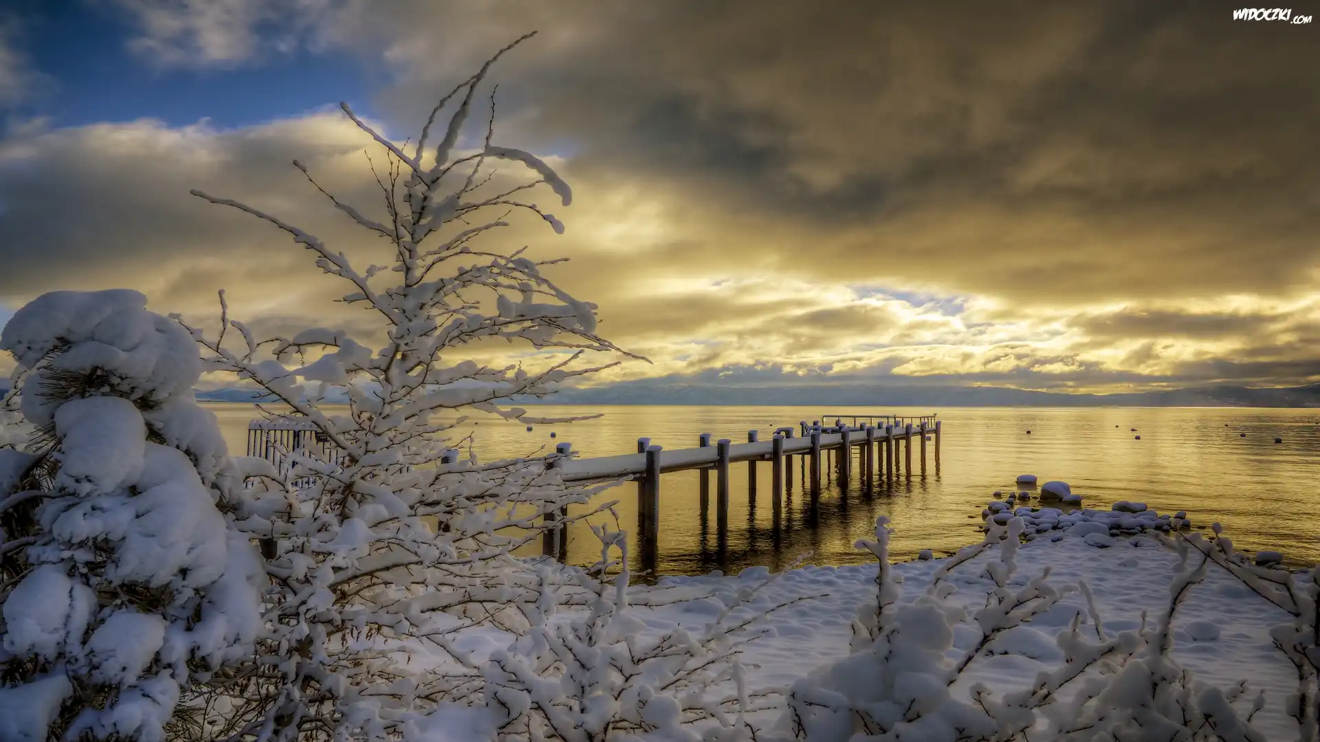 Stany Zjednoczone, Jezioro Tahoe, Zima, Pomost, Wschód słońca, Drzewa
