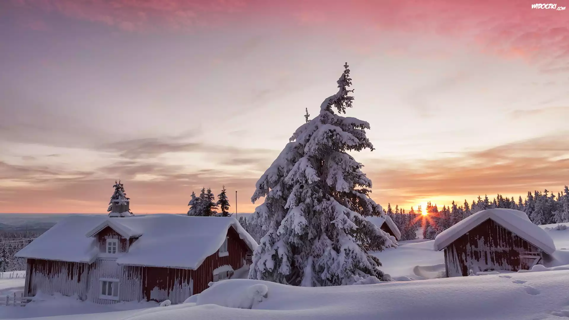 Norwegia, Gmina Lillehammer, Zima, Zachód słońca, Domy, Ośnieżone, Drzewa