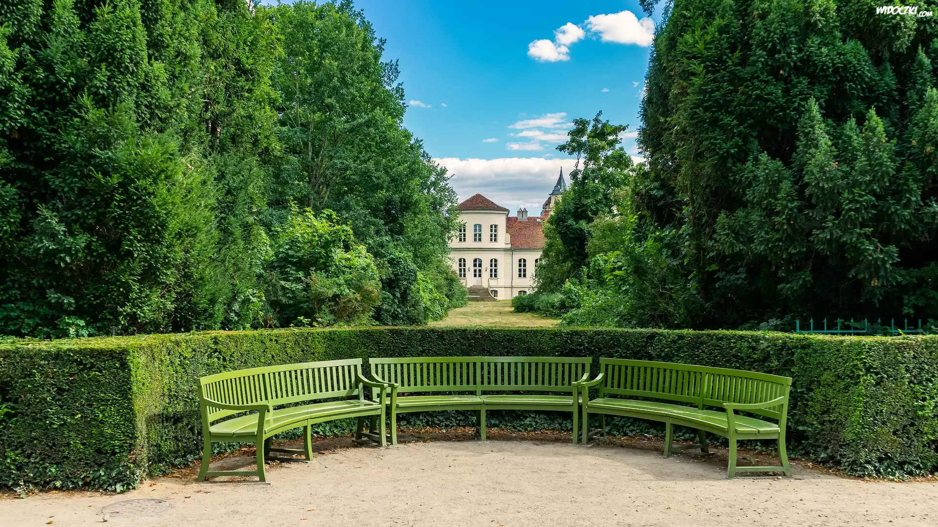 Ławka, Park, Dom, Drzewa, Krzewy