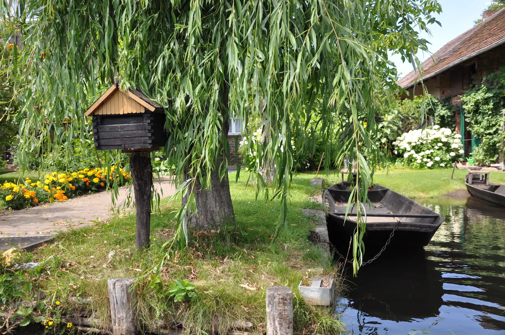 Park, Drzewa, Kwiaty, Jezioro, Przystań, Łodzie, Domy
