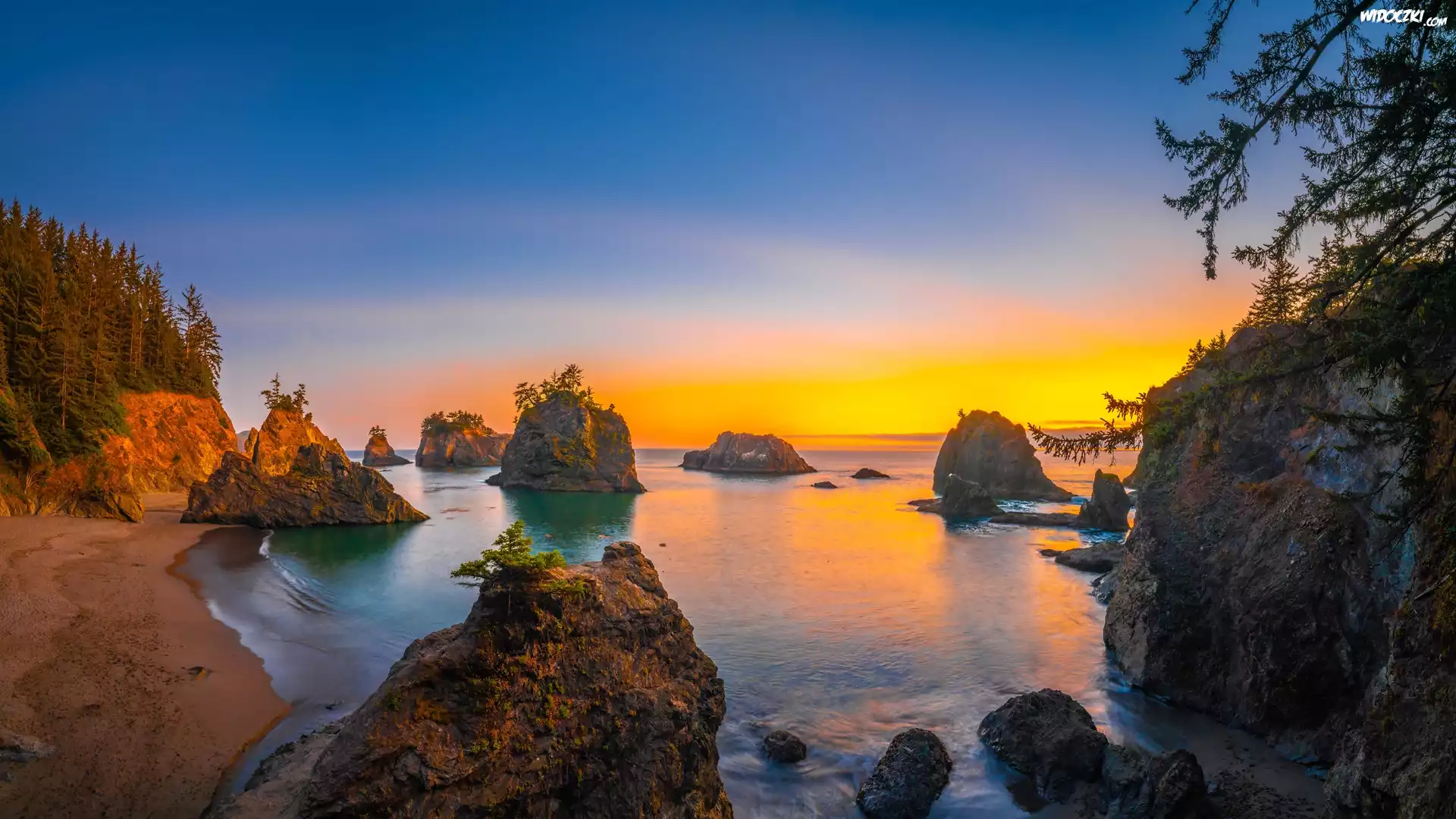 Plaża, Secret Beach, Morze, Skały, Drzewa, Wybrzeże, Zachód słońca, Oregon, Stany Zjednoczone