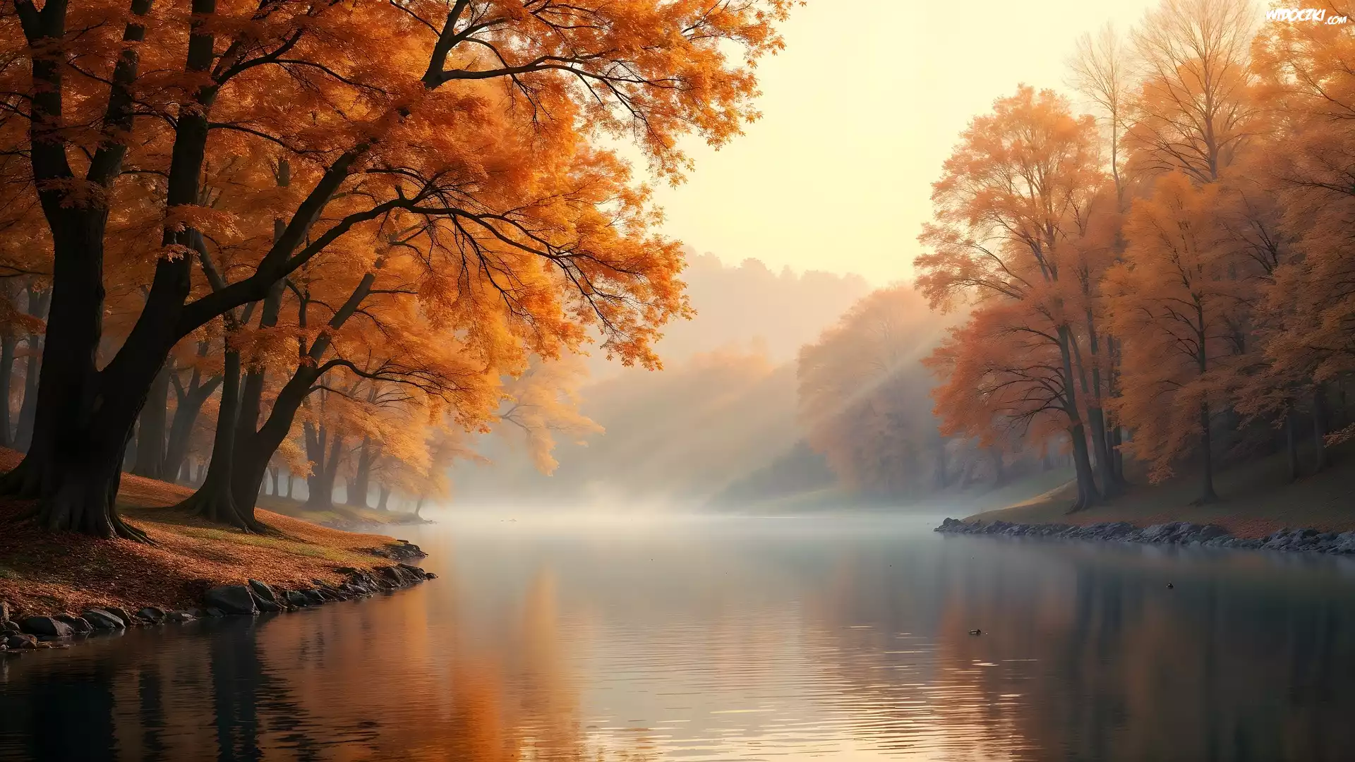 Jesień, Drzewa, Rzeka, Mgła, AI