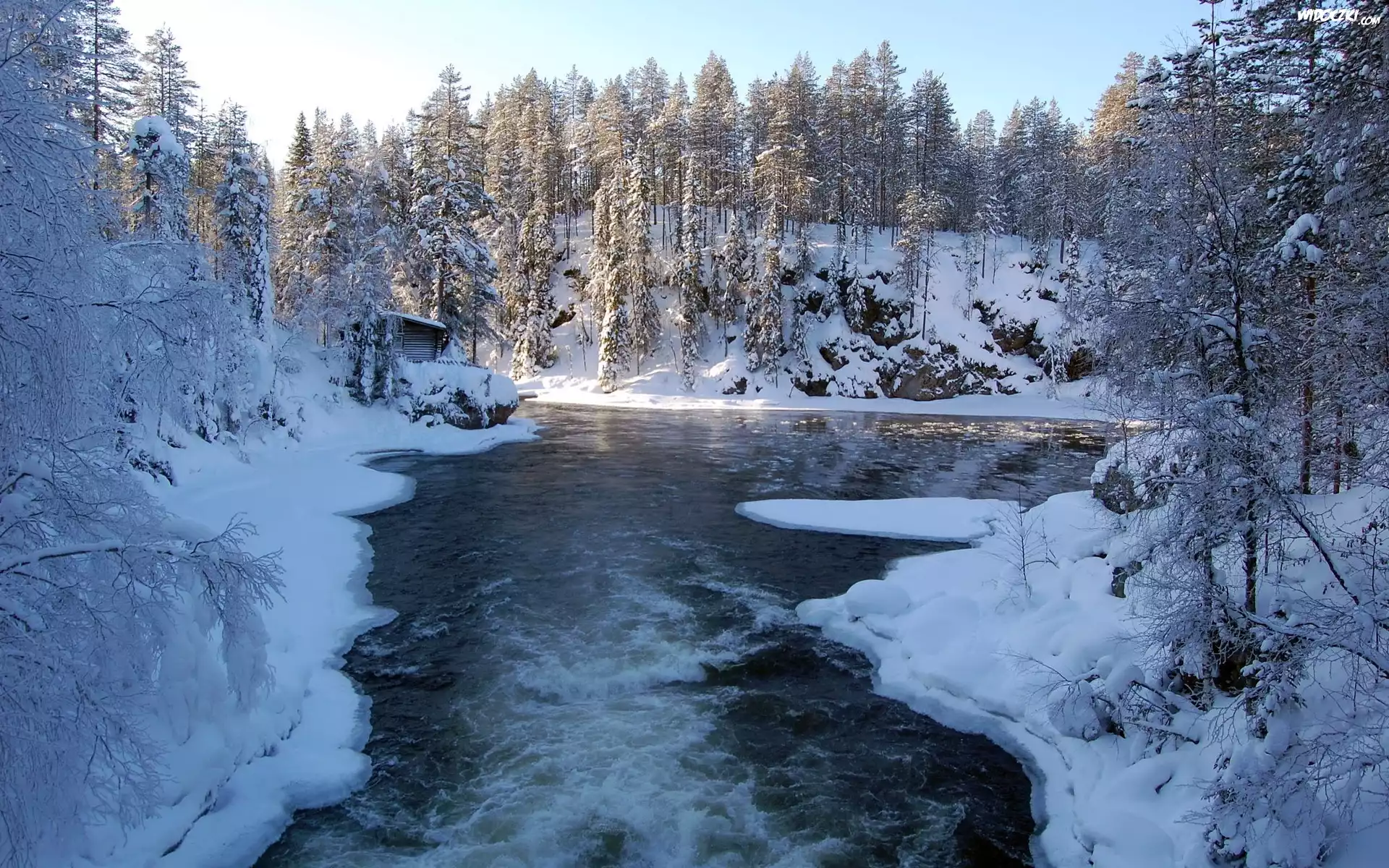 Rzeka, Drzewa, Śnieg