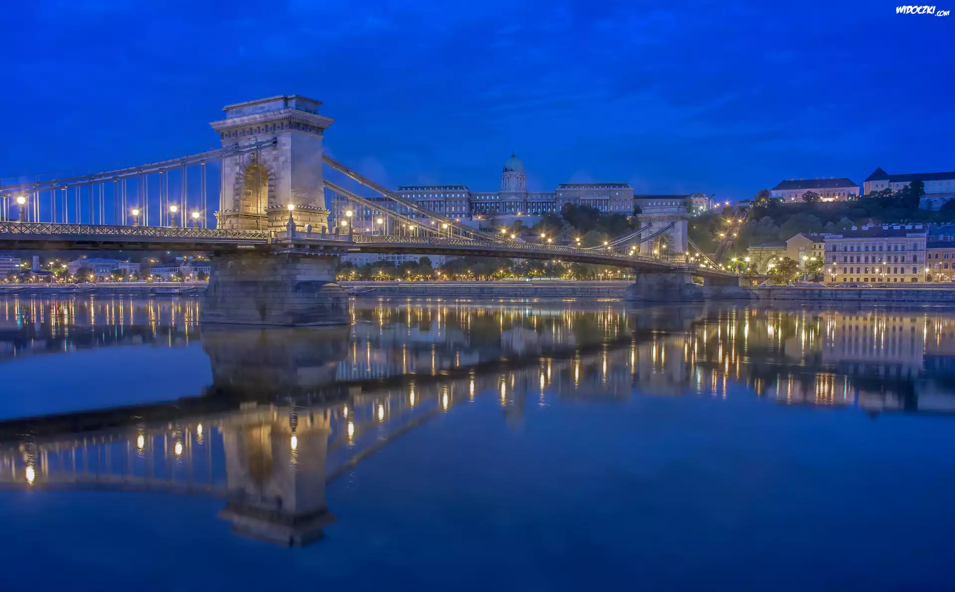 Węgry, Budapeszt, Noc, Most Łańcuchowy, Zamek Królewski, Rzeka Dunaj