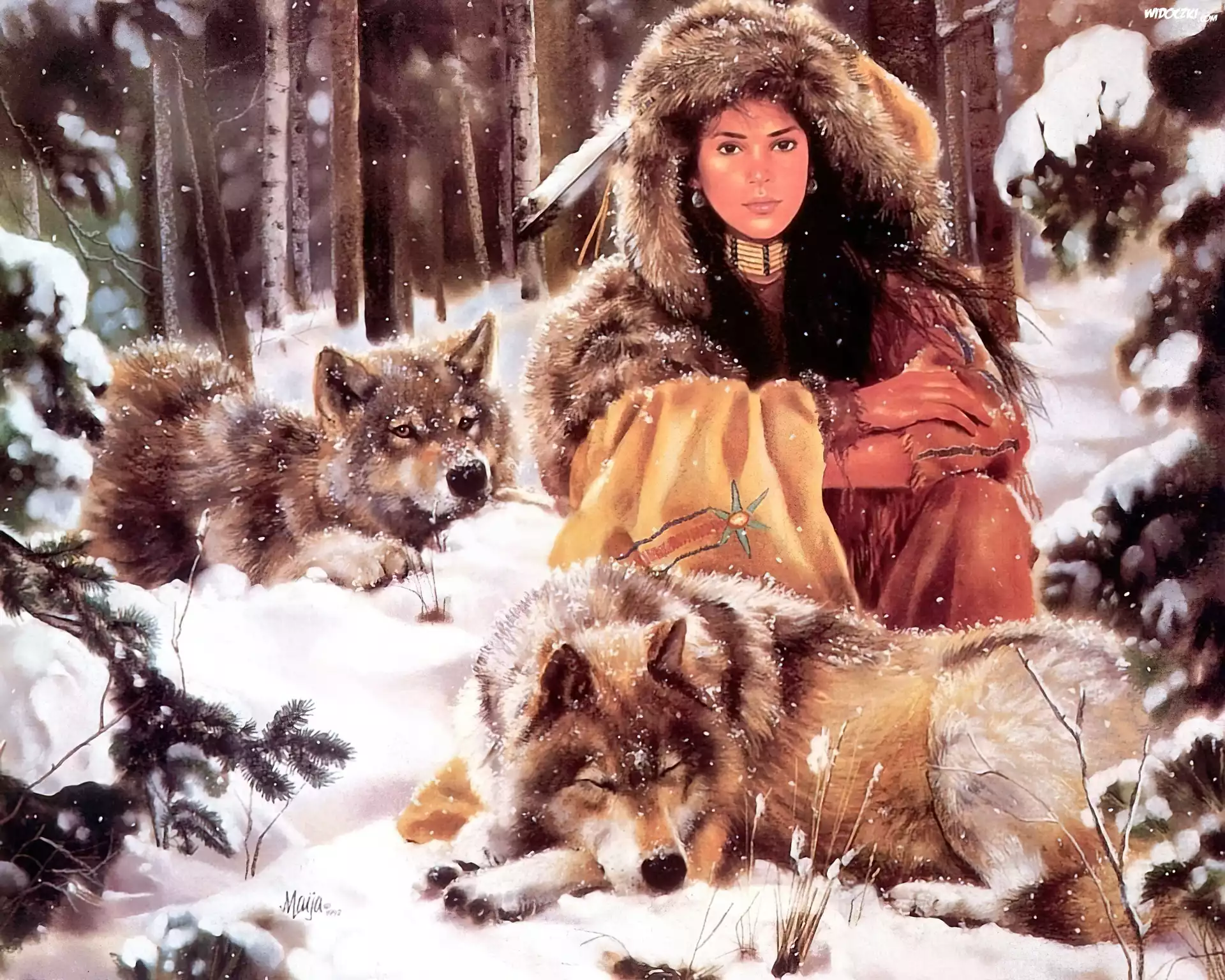 Dziewczyna, Młoda, Indianka, Wilki, Zima