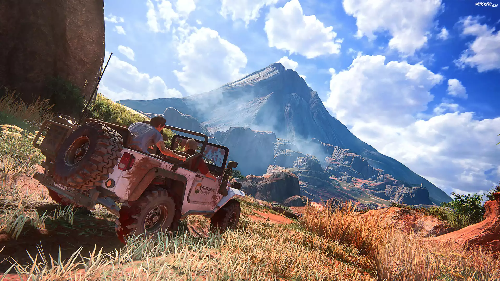 Gry, PC, XBOX, PS4, Uncharted 4 A Thiefs End, Samochód, Terenowy, Różowy, Góry, Wulkan