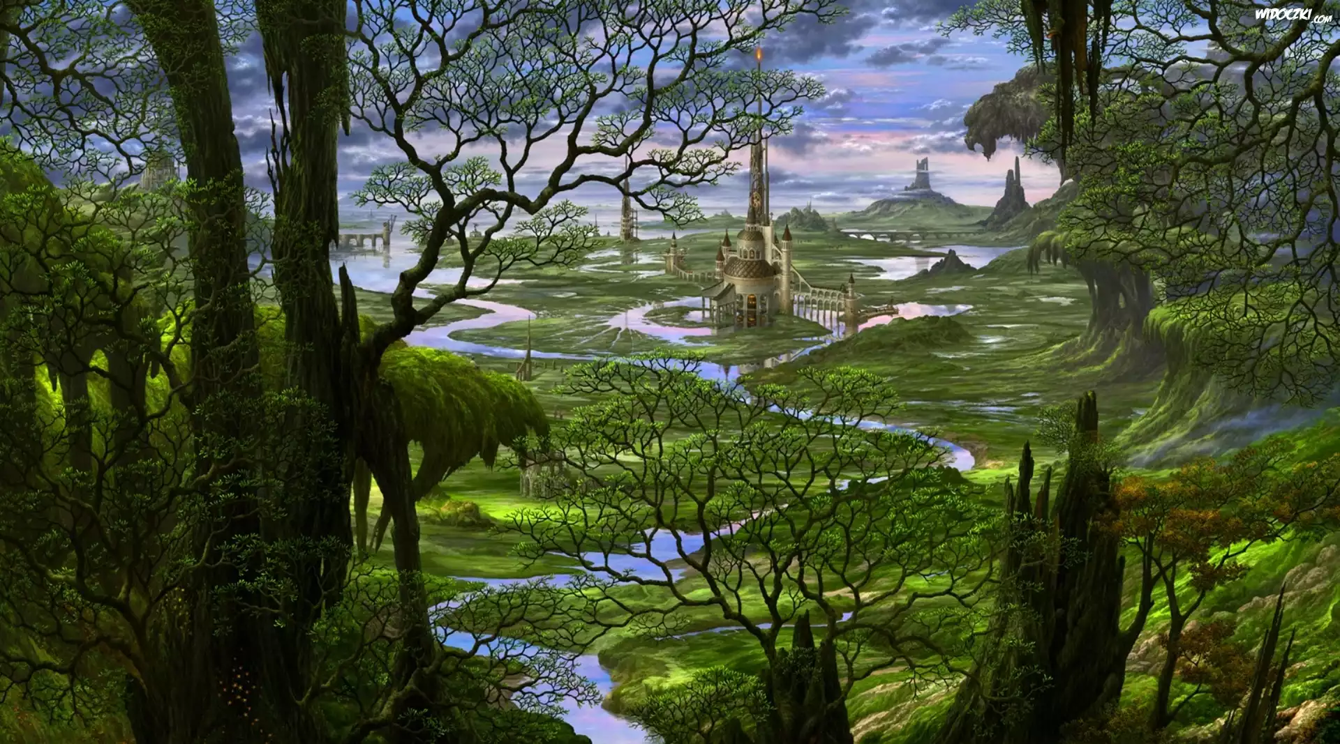 Fantasy, Las, Rzeka, Budynek, Łąki