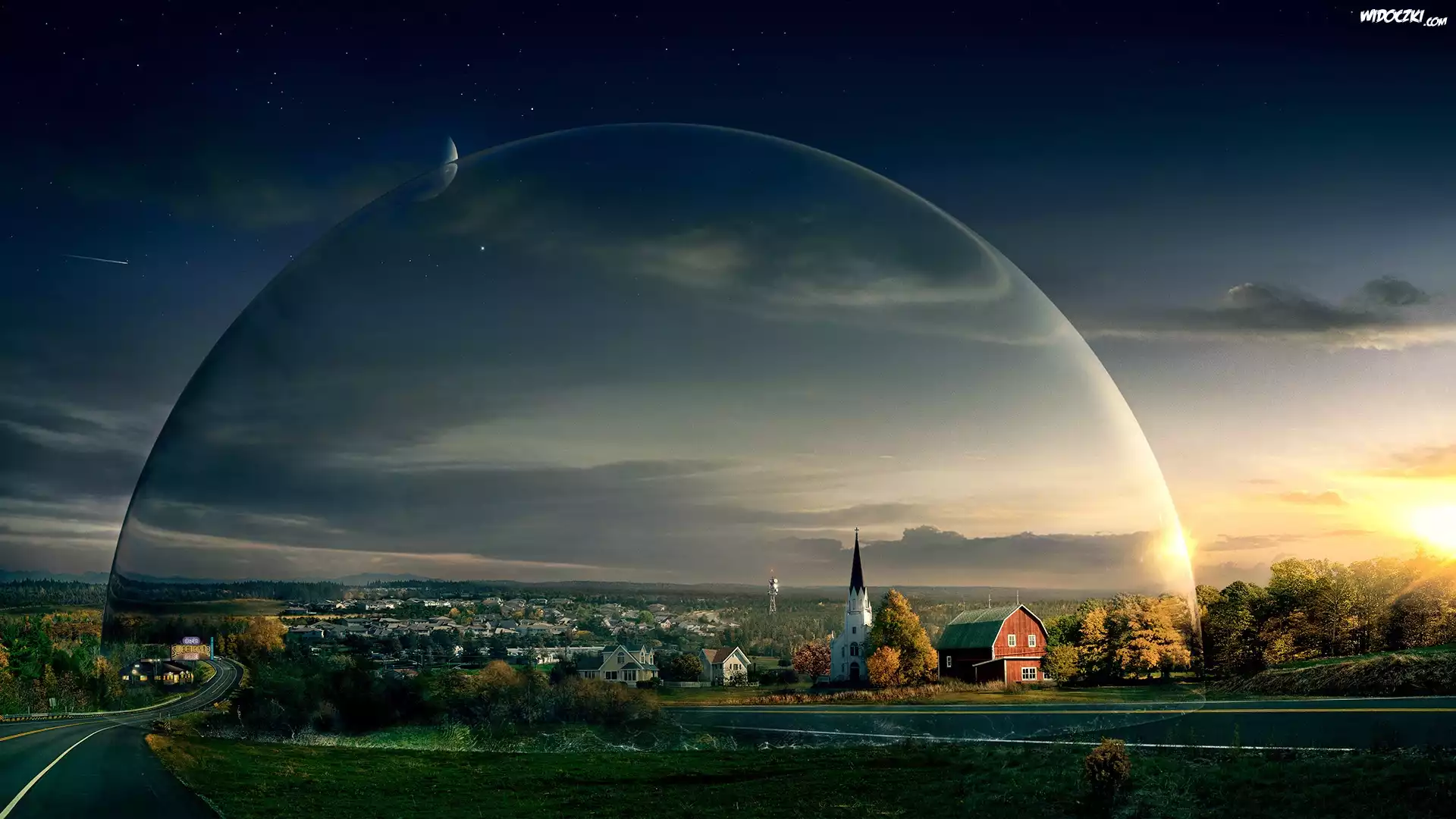 Fantasy, Miasto, Kościół, Promienie, Słońca