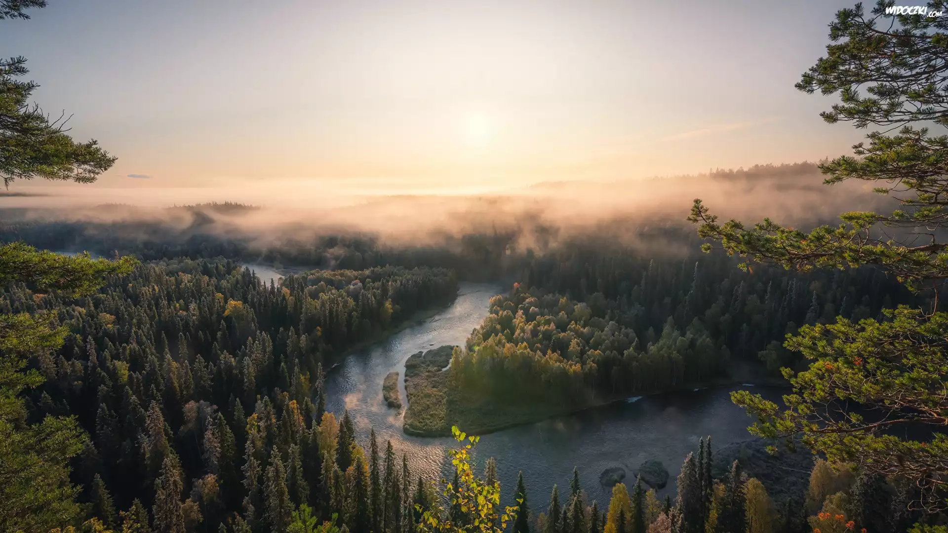 Finlandia, Park Narodowy Oulanka, Las, Rzeka, Mgła, Wschód słońca