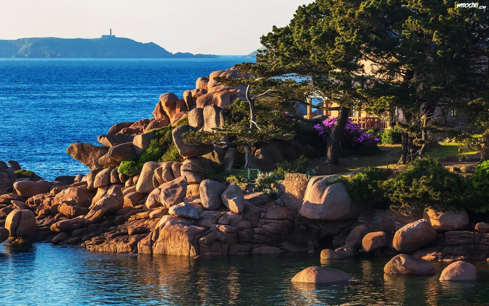 Morze, Brzeg, Kamienie, Drzewa, Dom, Miejscowość Saint Guirec, Bretania, Francja