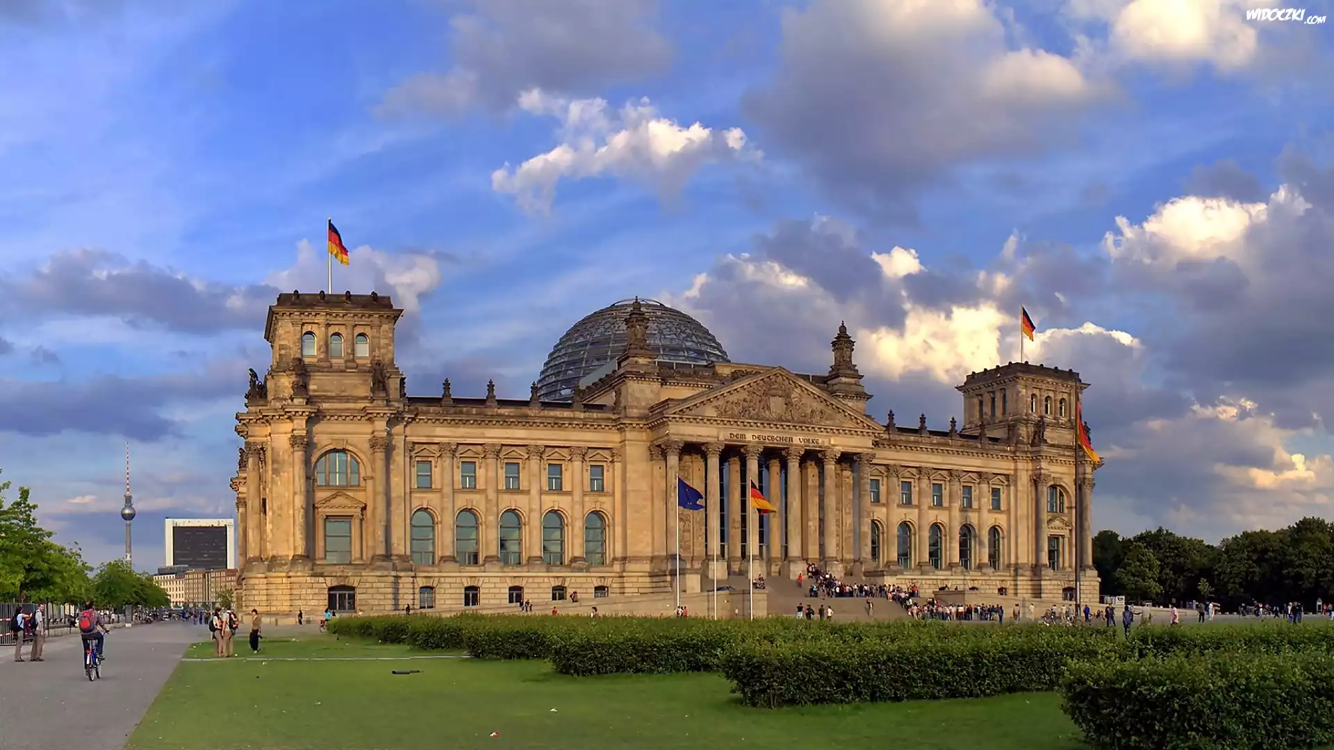 Gmach, Reichstagu, Skwer, Ciemne, Chmury