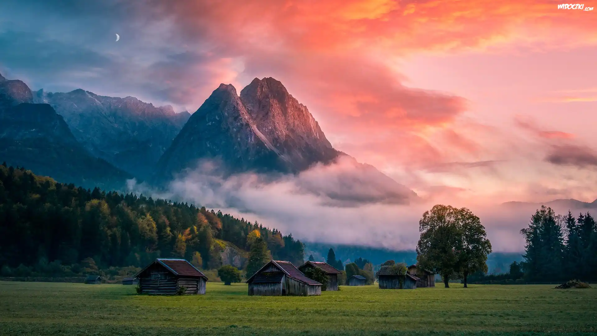 Gmina Mittenwald, Bawaria, Niemcy, Góry, Las, Mgła, Zachód słońca, Chmury, Drewniane, Domki, Drzewa