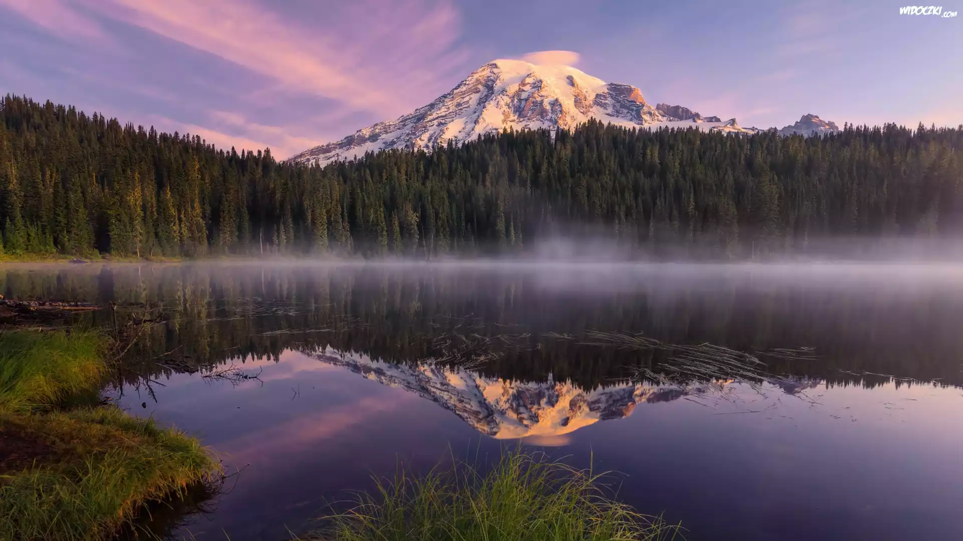 Góra, Stratowulkan Munt Rainier, Park Narodowy Mount Rainier, Drzewa, Las, Mgła, Odbicie, Jezioro, Bench Lake, Stan Waszyngton, Stany Zjednoczone