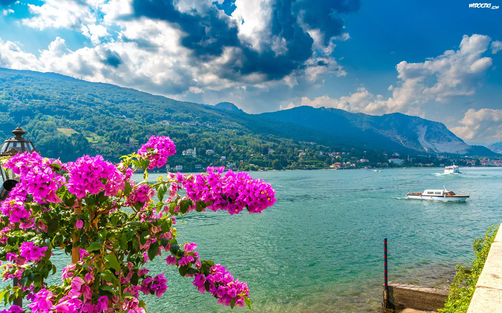 Włochy, Lago Maggiore, Jezioro, Góra, Niebo, Chmury, Kwiaty