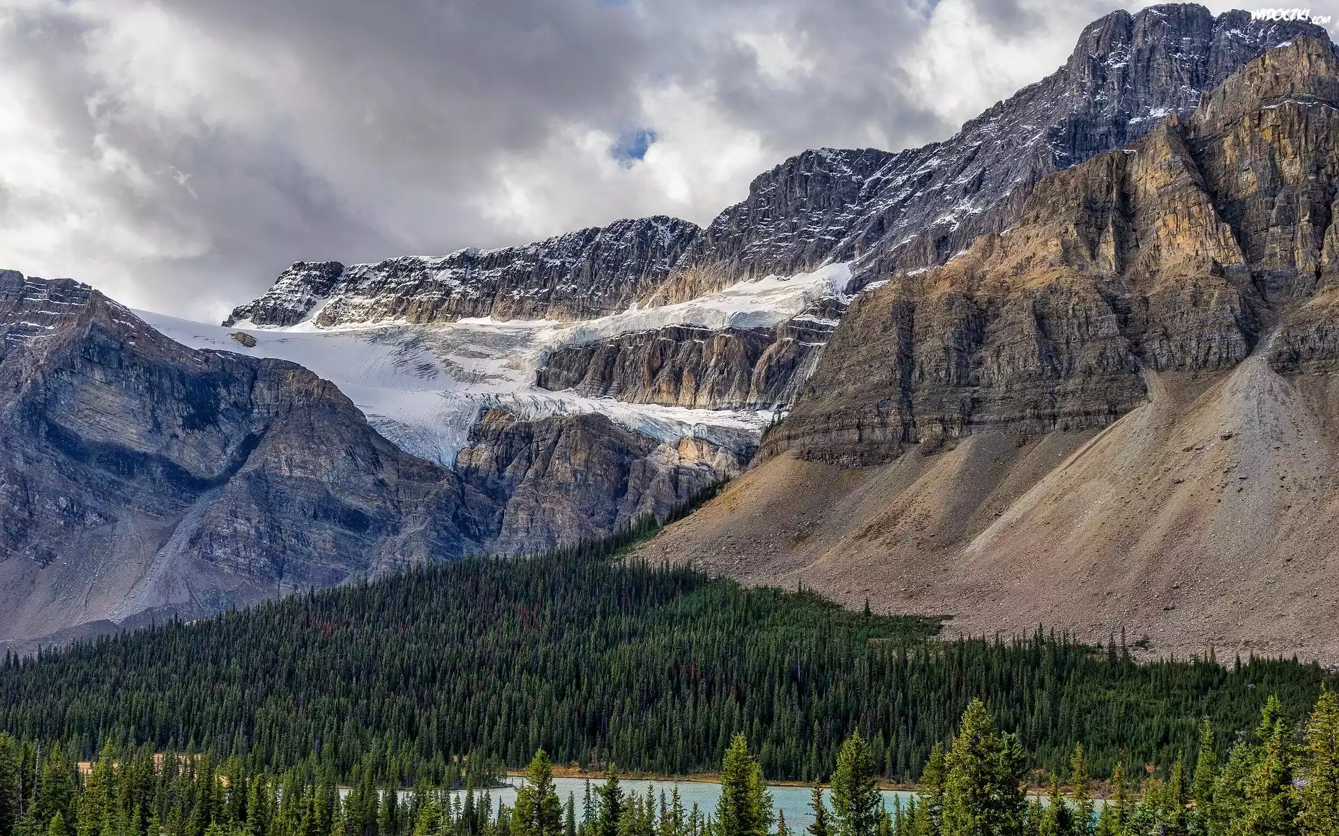 Góry, Lodowiec, Crowfoot Glacier, Drzewa, Lasy, Jezioro, Lake Louise, Park Narodowy Banff, Prowincja Alberta, Kanada